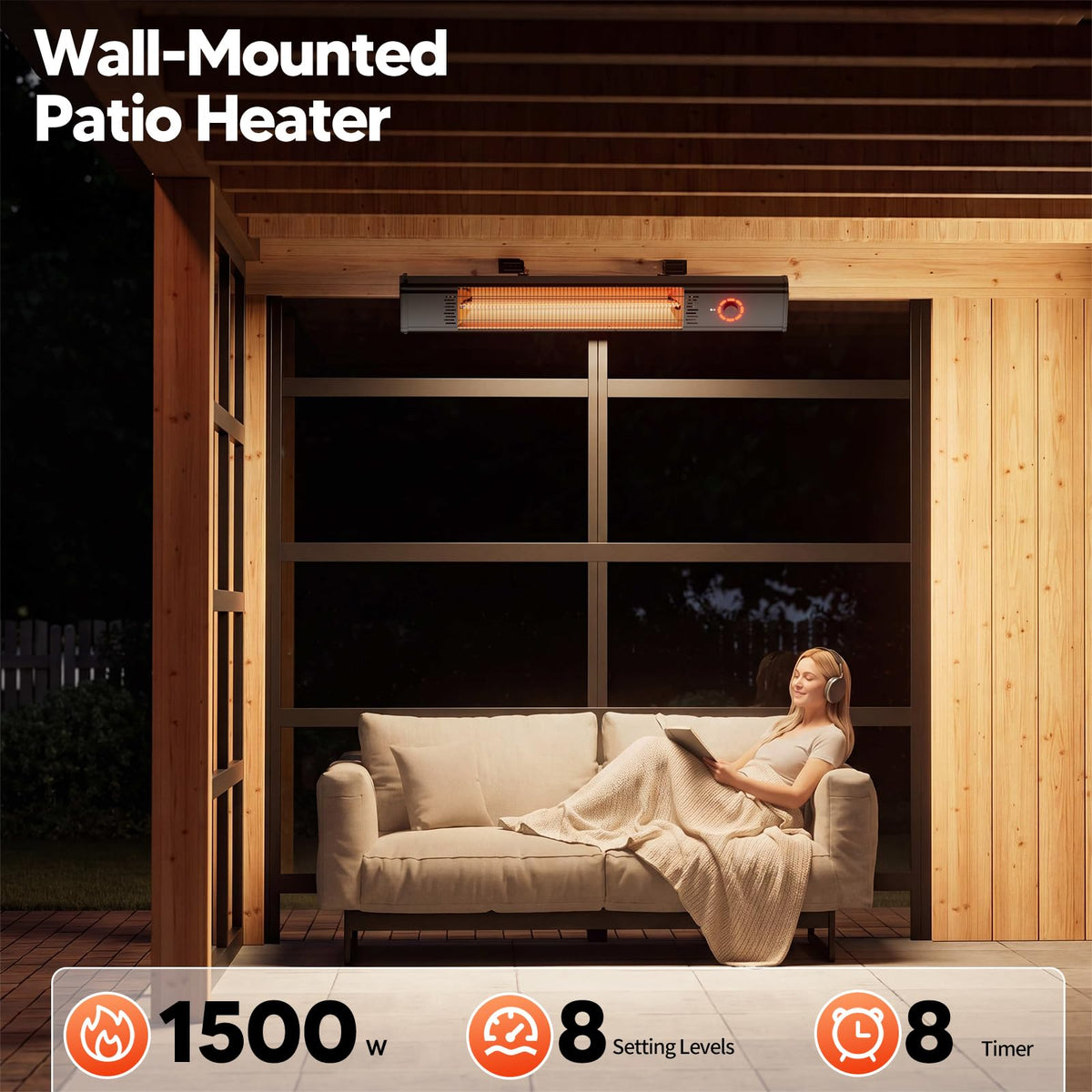 Patio Heater for Outdoor Use 1500W, 8H Timer, Waterproof, Infrared Electric Wall-Mounted Patio Heater, 8 Levels