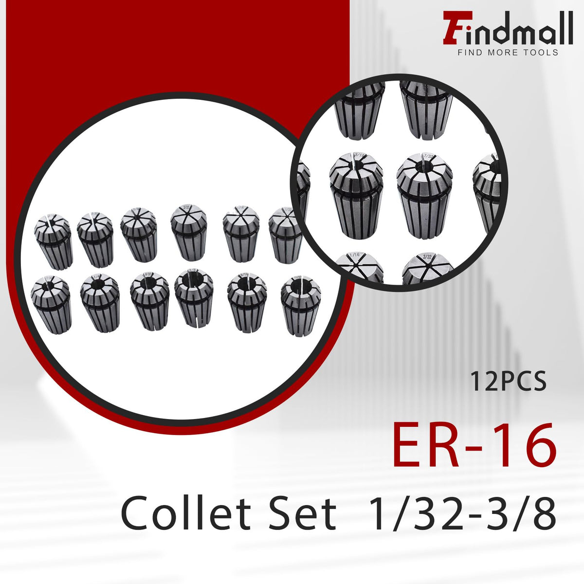 findmall ER-16 Collet Set 12Pcs 1/32-3/8 Inch