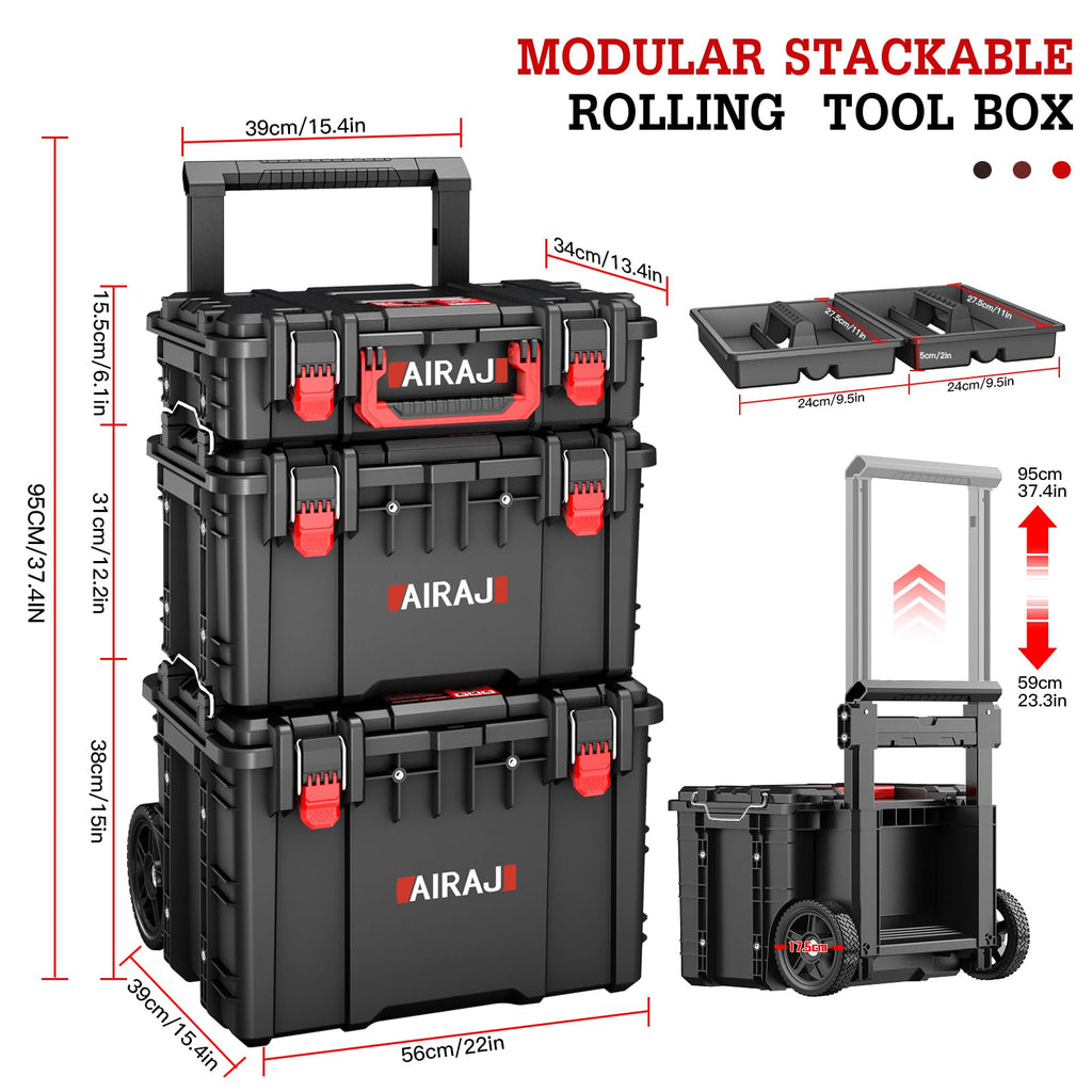 3 Tier Rolling Tool Box Heavy Duty, Stackable Tool Box with Wheels