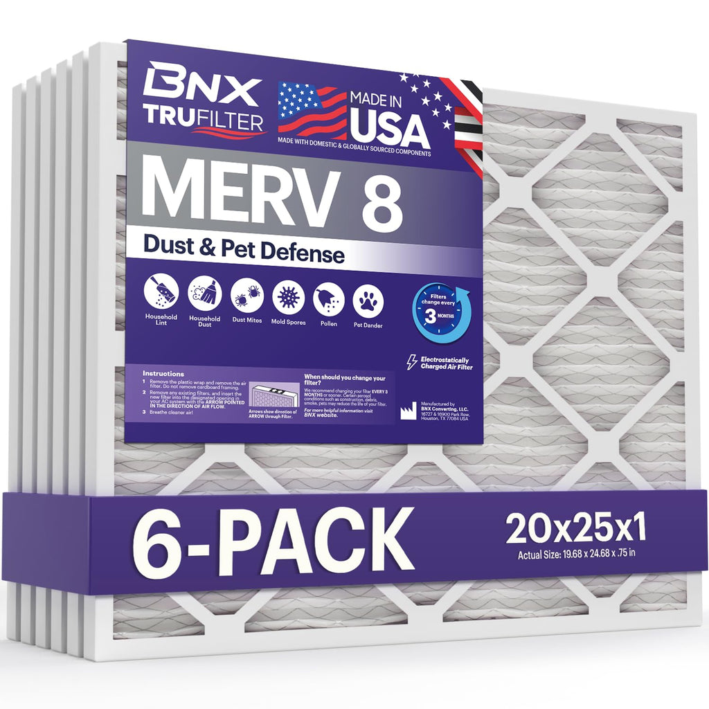 TruFilter 20x25x1 Air Filter MERV 8 (6-Pack) - MADE IN USA – Dust & Pet Defense Electrostatic Pleated Air Conditioner