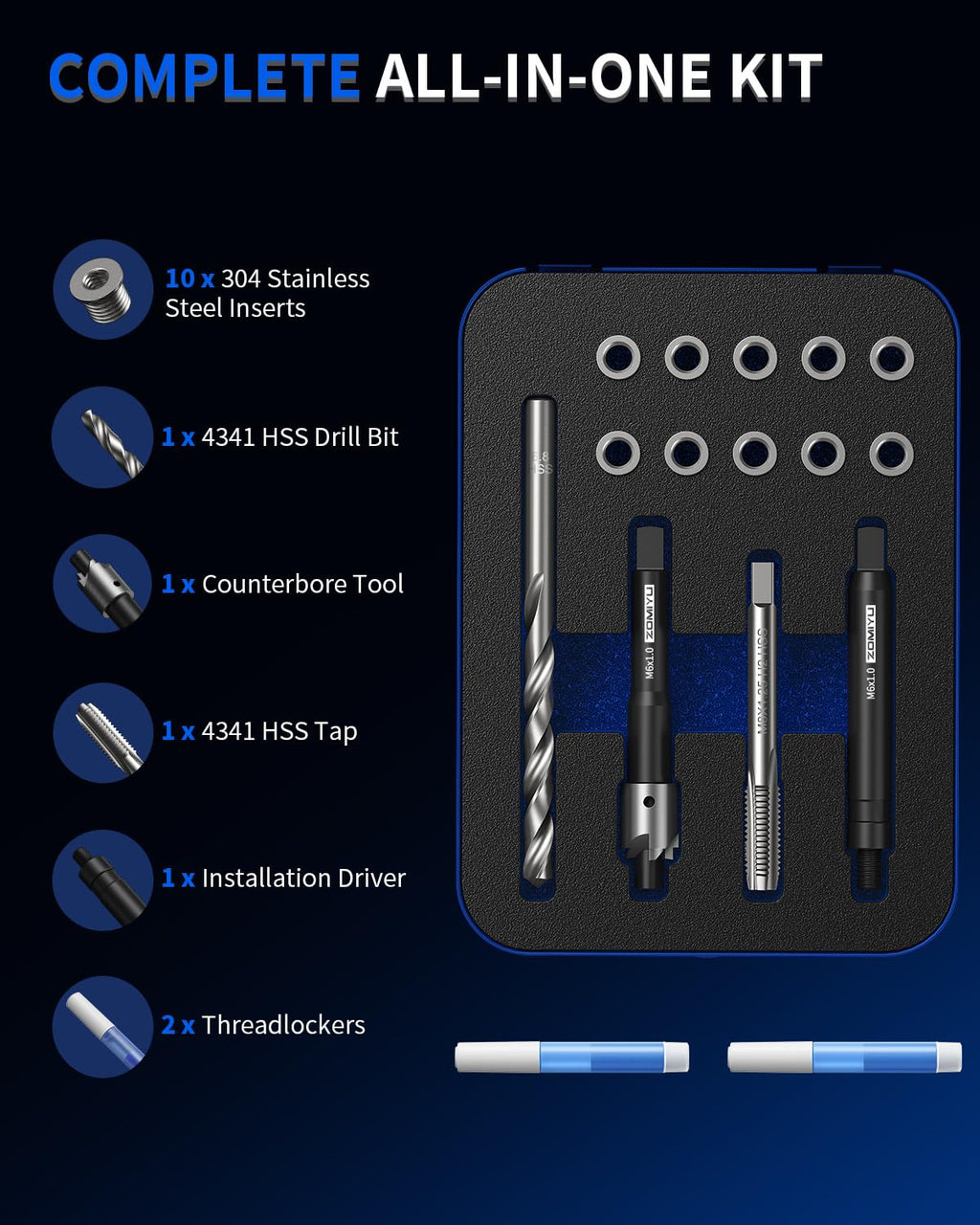 ZOMIYU M6x1.0 Metric Thread Repair Kit, 9.4mm One-Piece Inserts (10PCS)