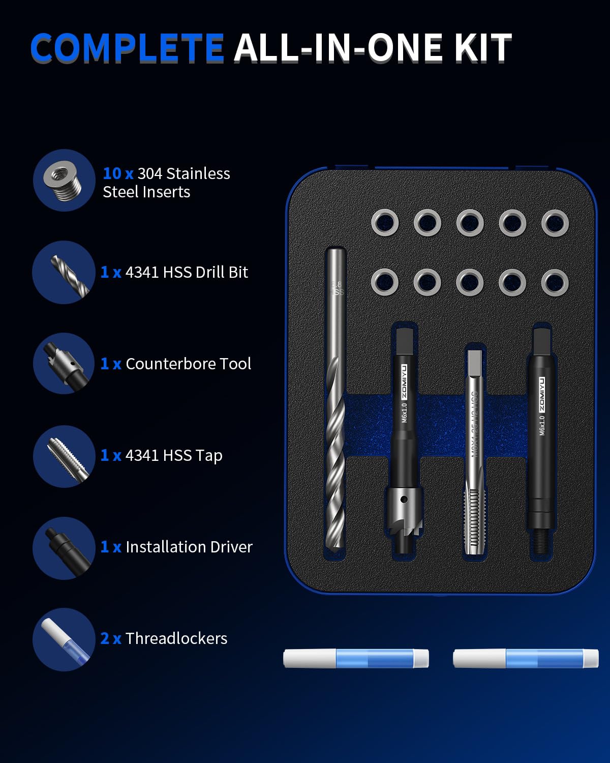 ZOMIYU M6x1.0 Metric Thread Repair Kit, 9.4mm One-Piece Inserts (10PCS)