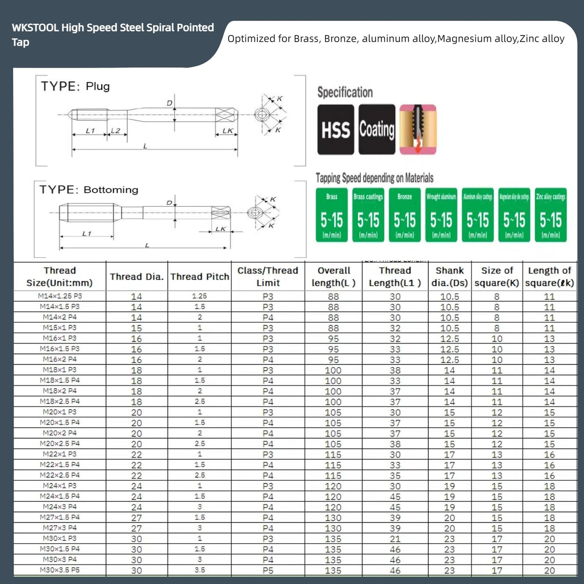 WKSTOOL M5×0.8 TaC Coated High Speed Steel Precision Spiral Pointed Taps Long Shank Deep Through Hole Threading Tapping Tools for Aluminum Brass Alloys