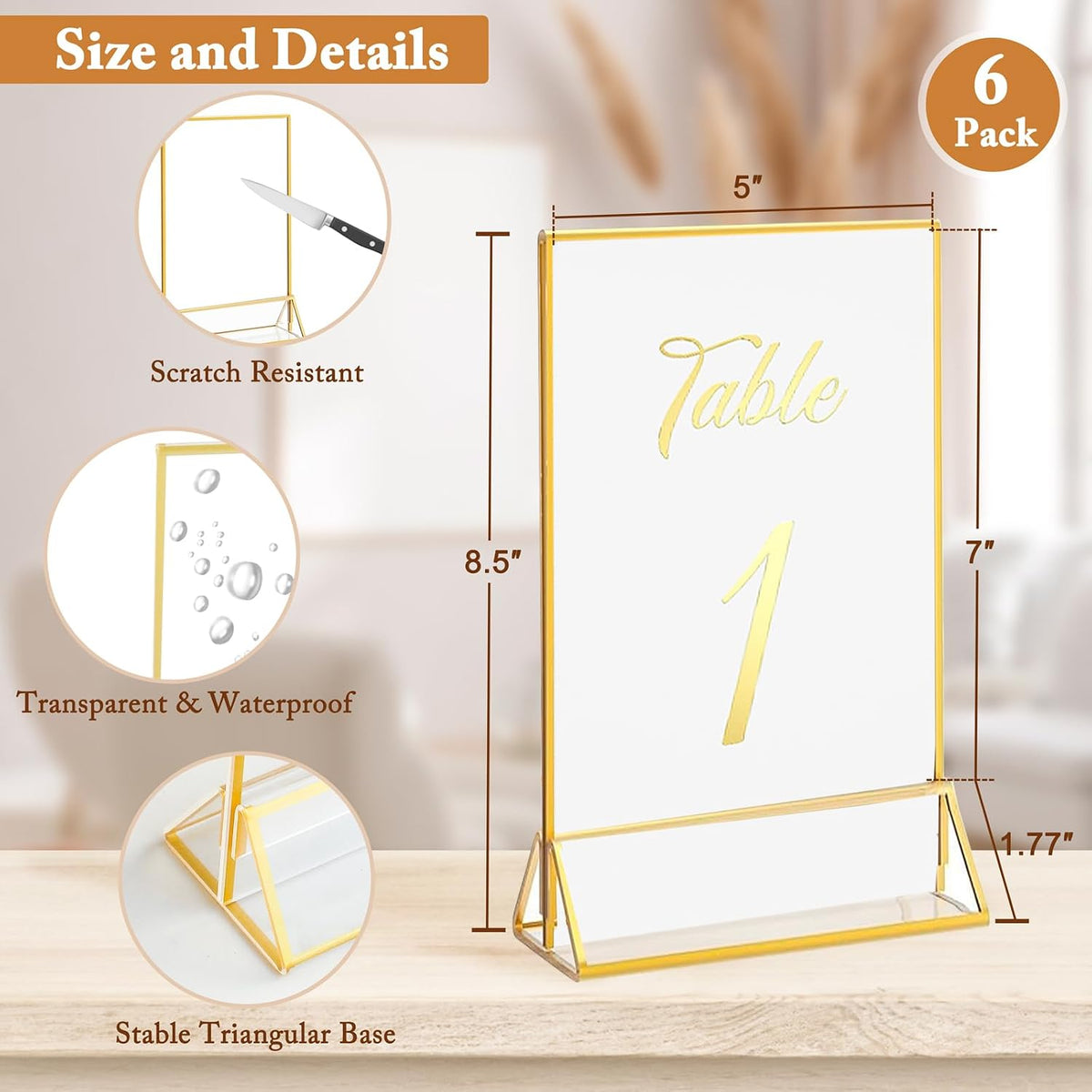 6 Pack 5x7 Inch Clear Acrylic Sign Holders, Gold Border Double-Sided Vertical Picture Frames & Display Stands for