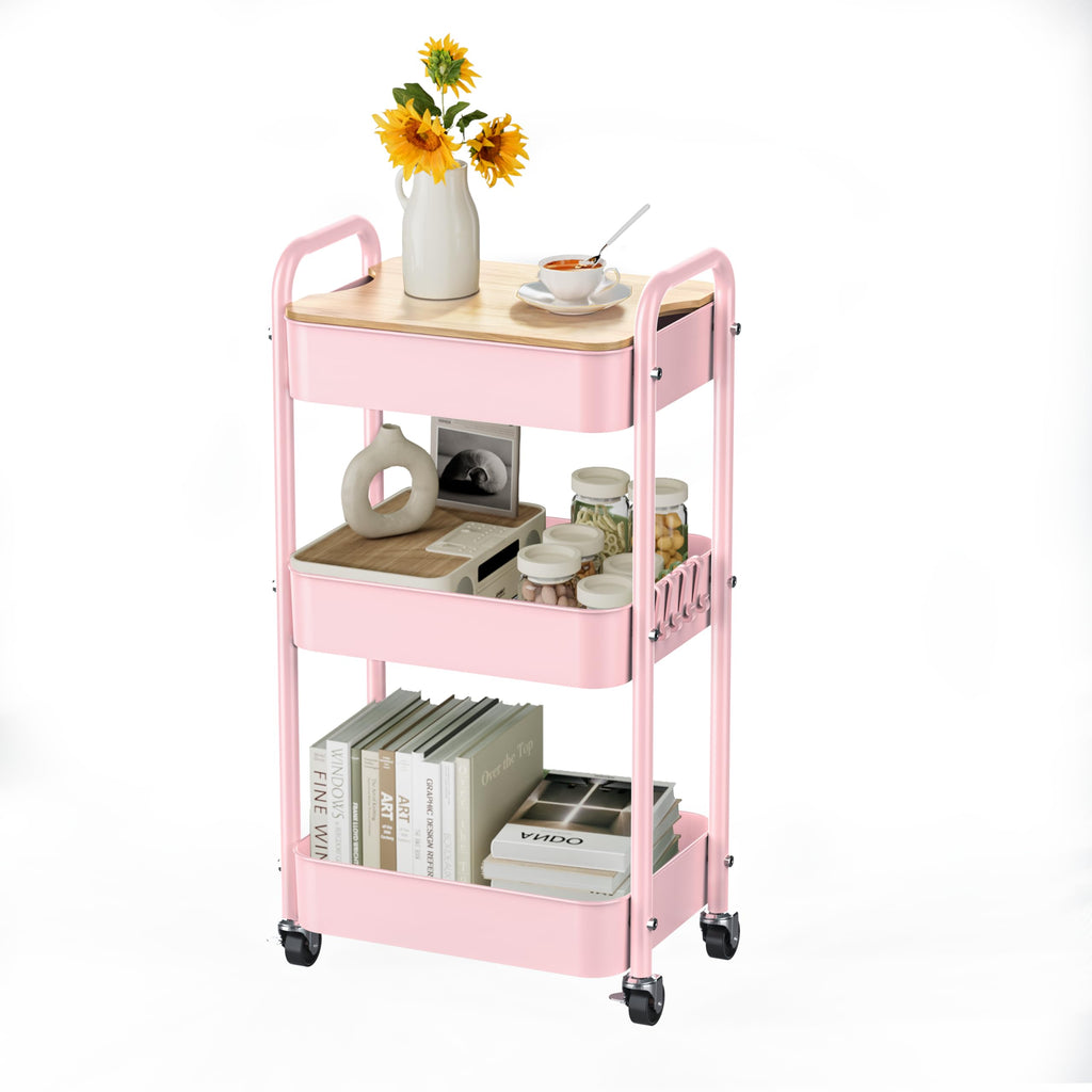 3-Tier Rolling Cart with Table Top, Metal Utility Cart on Wheels