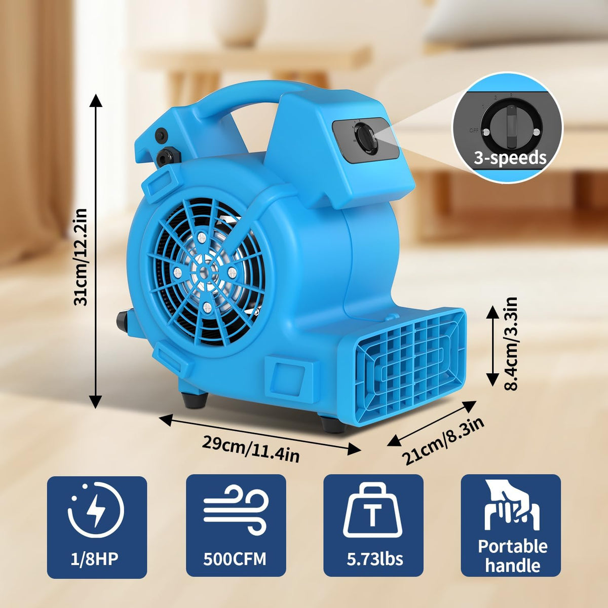600 CFM Air Mover Blower Fan, Portable Floor Fan with 3 Speeds & Daisy Chain, Carpet Dryer for Cooling and