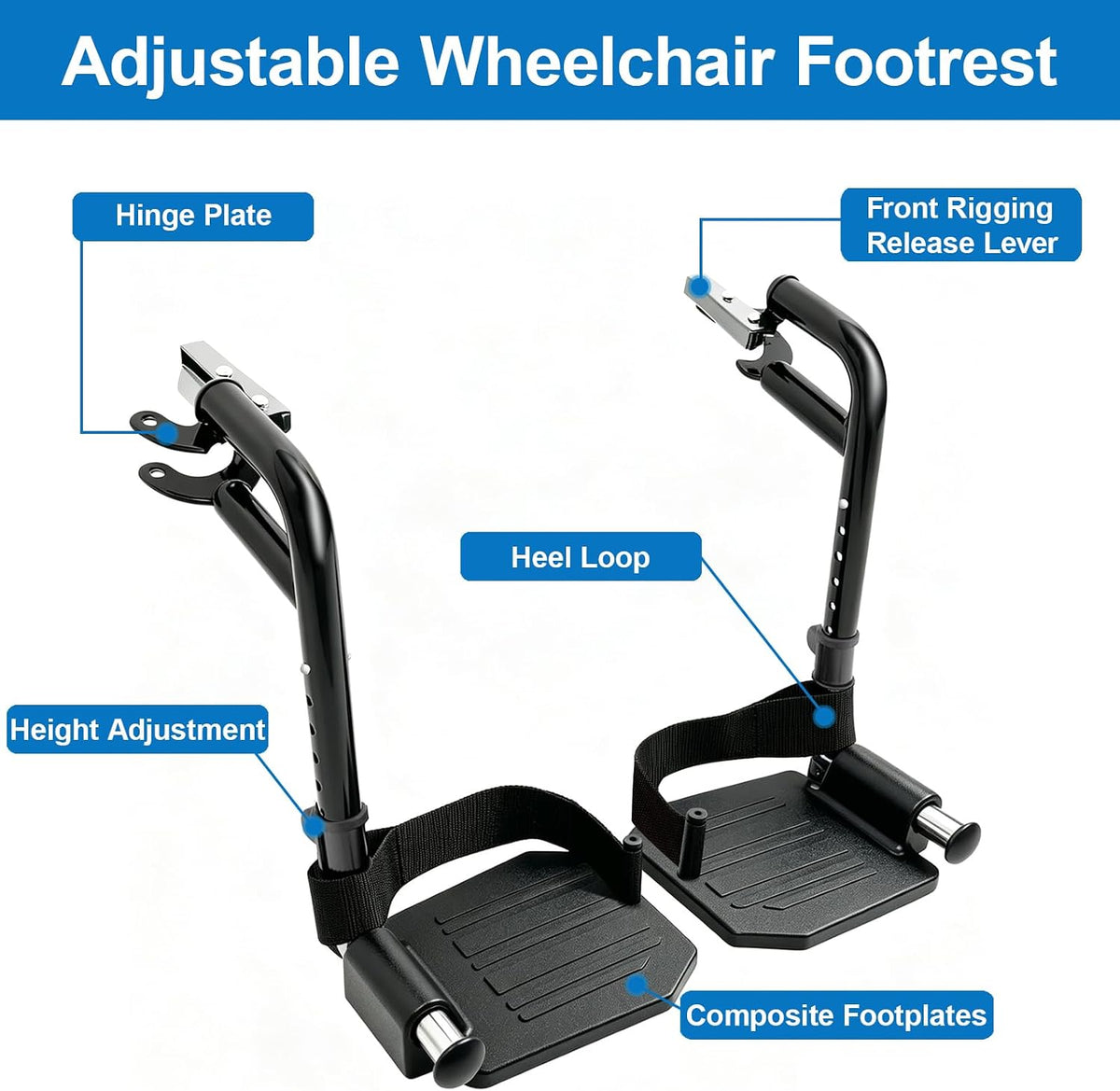Wheelchair Footrest Replacement, Premium Wheelchair Foot Rest with Heel Loop, Universal Swing-Away Wheelchair Replacement Parts for Standard Wheelchairs (1 Pr, Black)