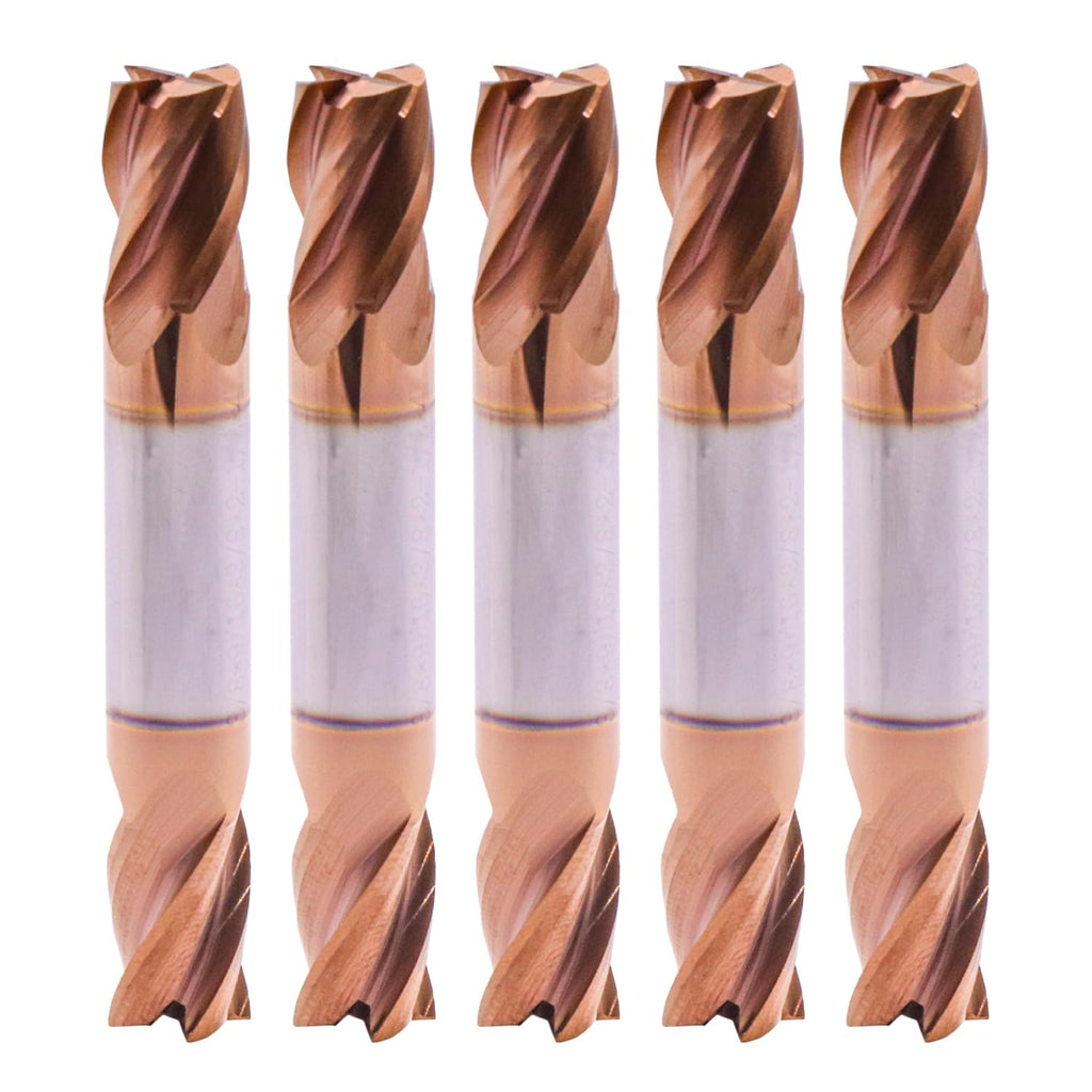 5 Pack 3/8" 4 Flute Double End Solid Carbide Square End Mills, TiSiN Coated