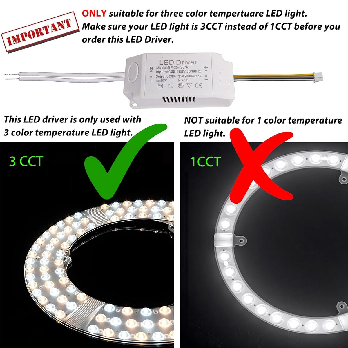 LED Driver 25-36W for Multi-Color Ceiling Strip Spot Light Module Panel, Replacement LED Power Supply Adapter Starter Transformer, Input AC85-265V Output DC80-125V