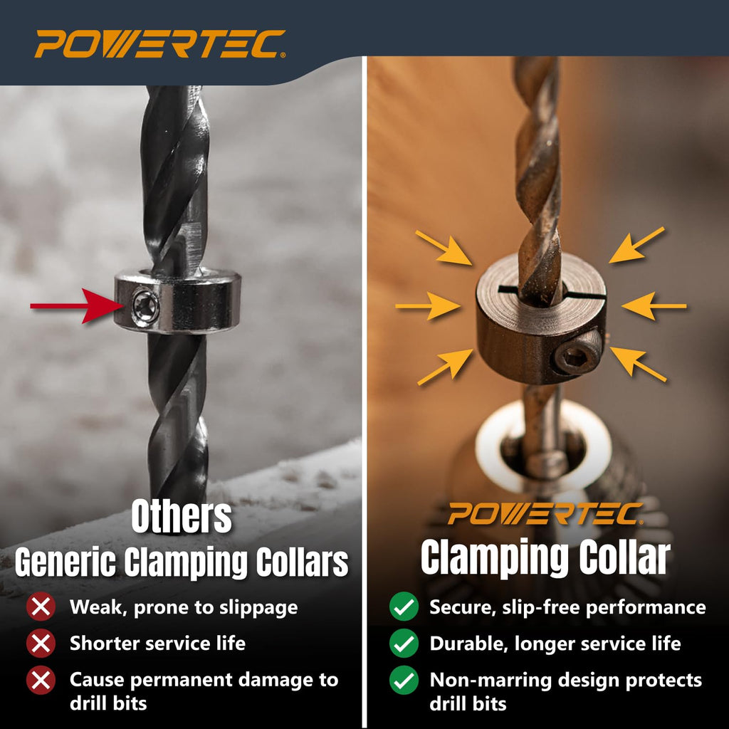 POWERTEC 7-Piece Metric Drill Bit Depth Stop Collar Set, 3mm-12mm (71492) | Adjustable Drill bit Depth Stop Collars with Size Markings for Woodworking & doweling. Includes hex Key Wrench