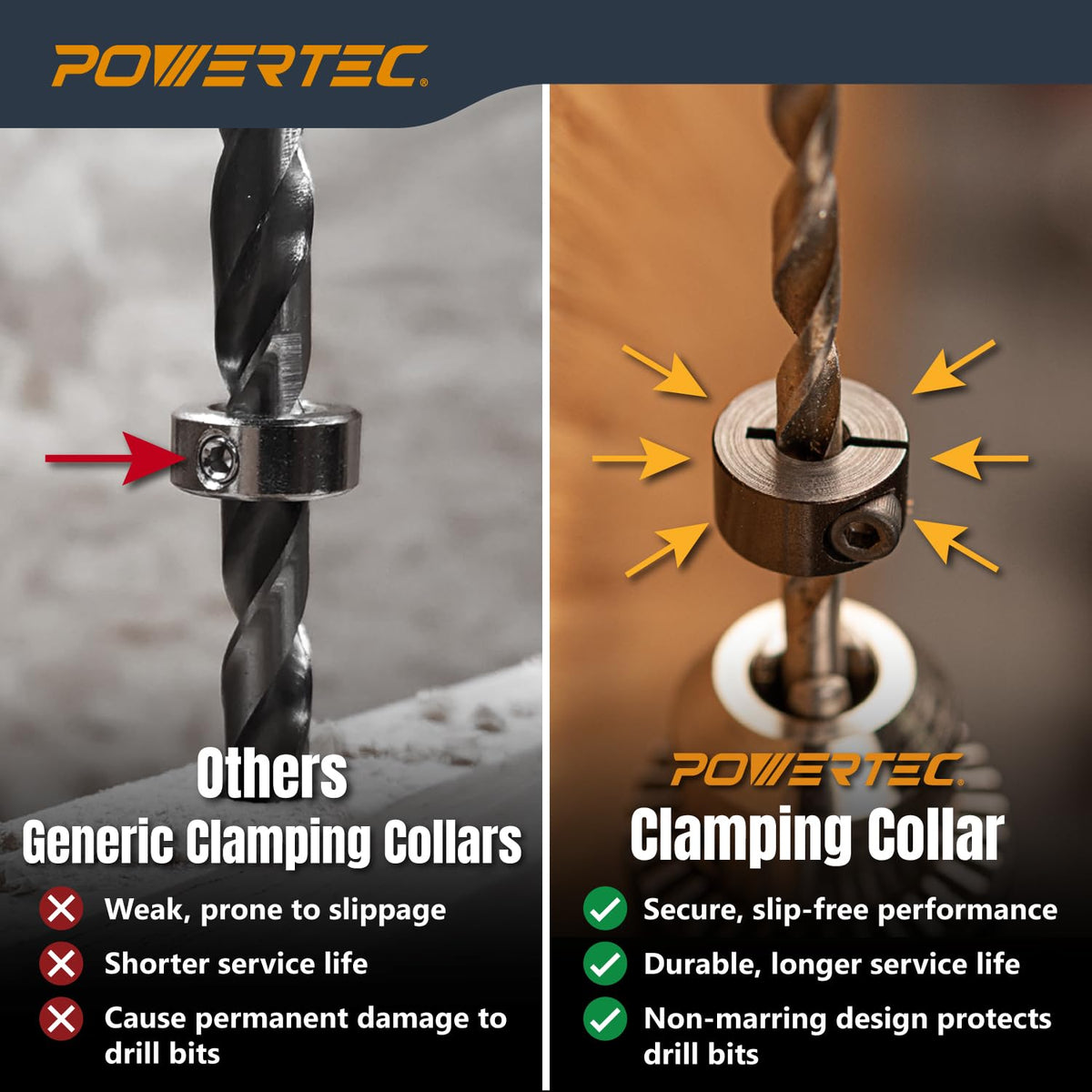 POWERTEC 7-Piece Metric Drill Bit Depth Stop Collar Set, 3mm-12mm (71492) | Adjustable Drill bit Depth Stop Collars with Size Markings for Woodworking & doweling. Includes hex Key Wrench