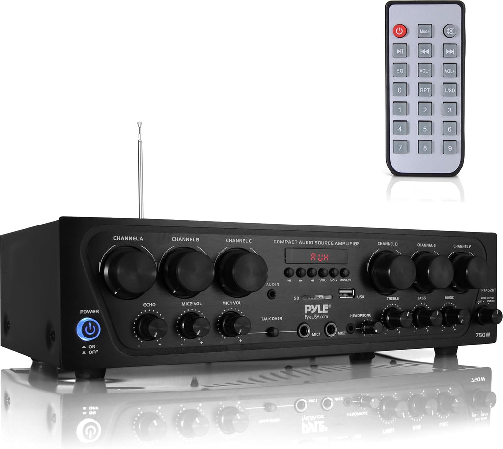 Wireless Bluetooth Karaoke Amplifier - 6 Channel 750W Power, Stereo Receiver Home Audio Amplifier w/USB,AUX