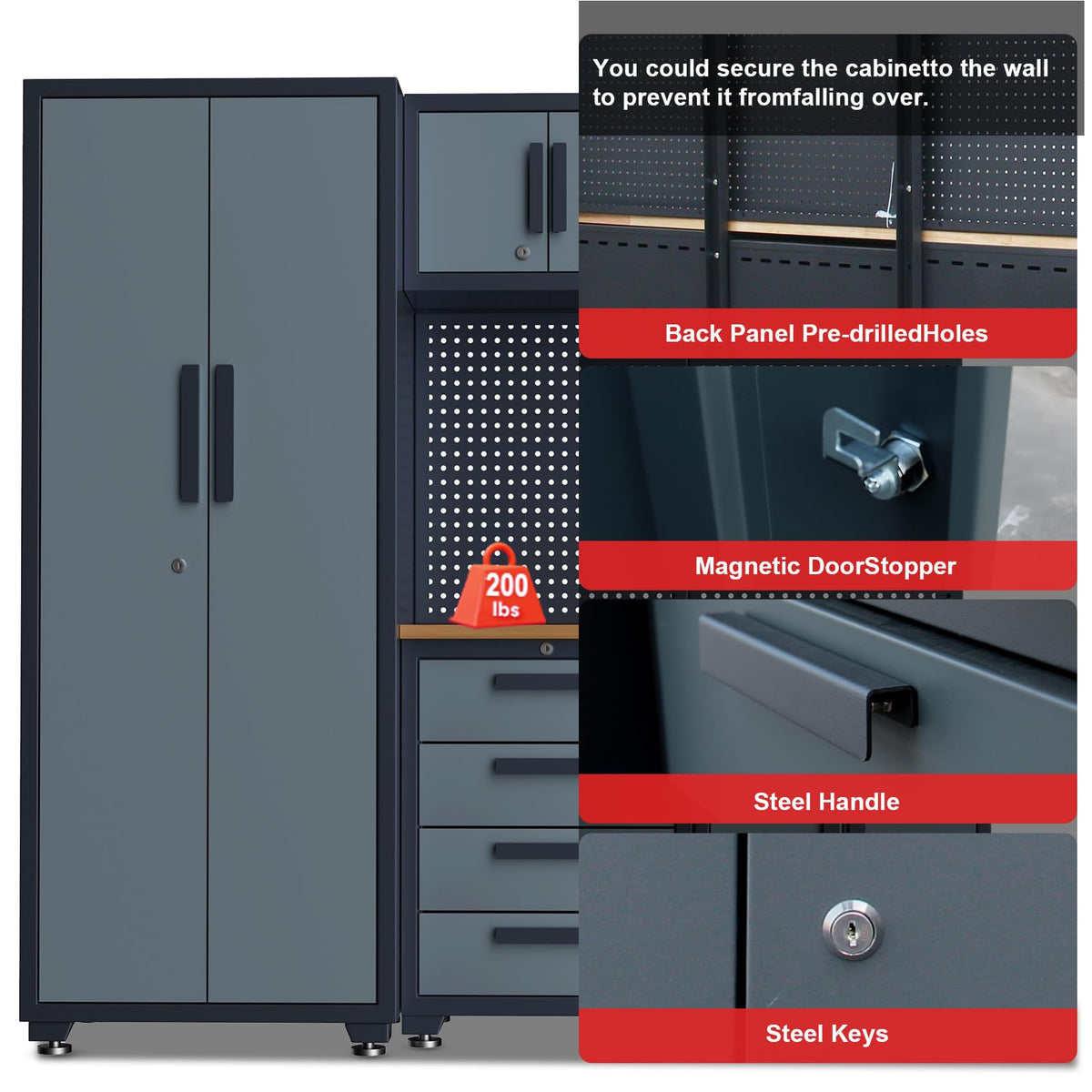 6-Pack Garage Storage Cabinet System with Workbench and Pegboard