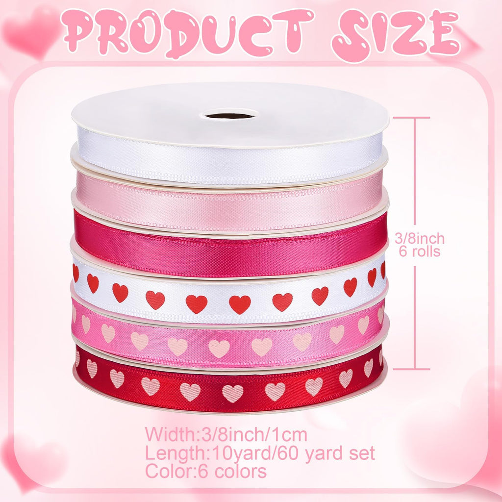 6 Rolls Valentine’s Day Ribbons 3/8 Inch Pink Satin Ribbon Total 60 Yards