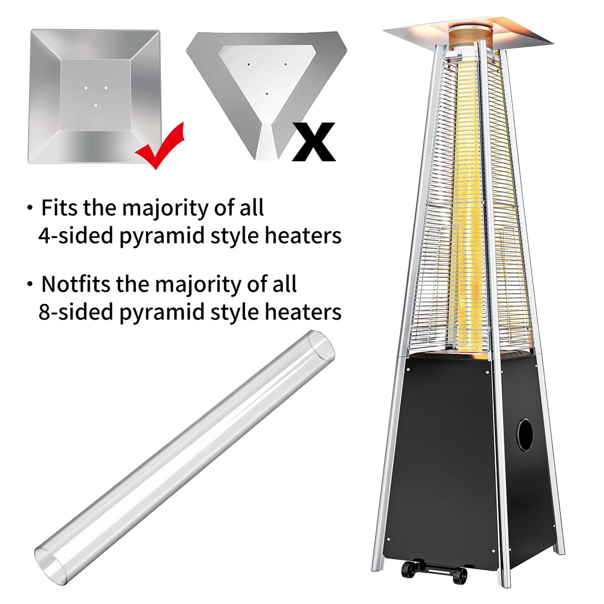Patio Heater Glass Tube Accessory 49.5"x4" with Silicone Ring – Outdoor Heater Glass Tube for 4-Sided Pyramid Patio