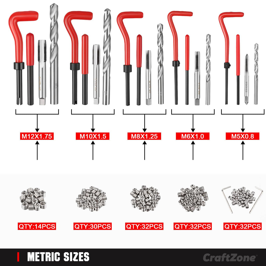 CRAFTZONE 332PC SAE Metric Thread Repair Helicoil Insert Kit