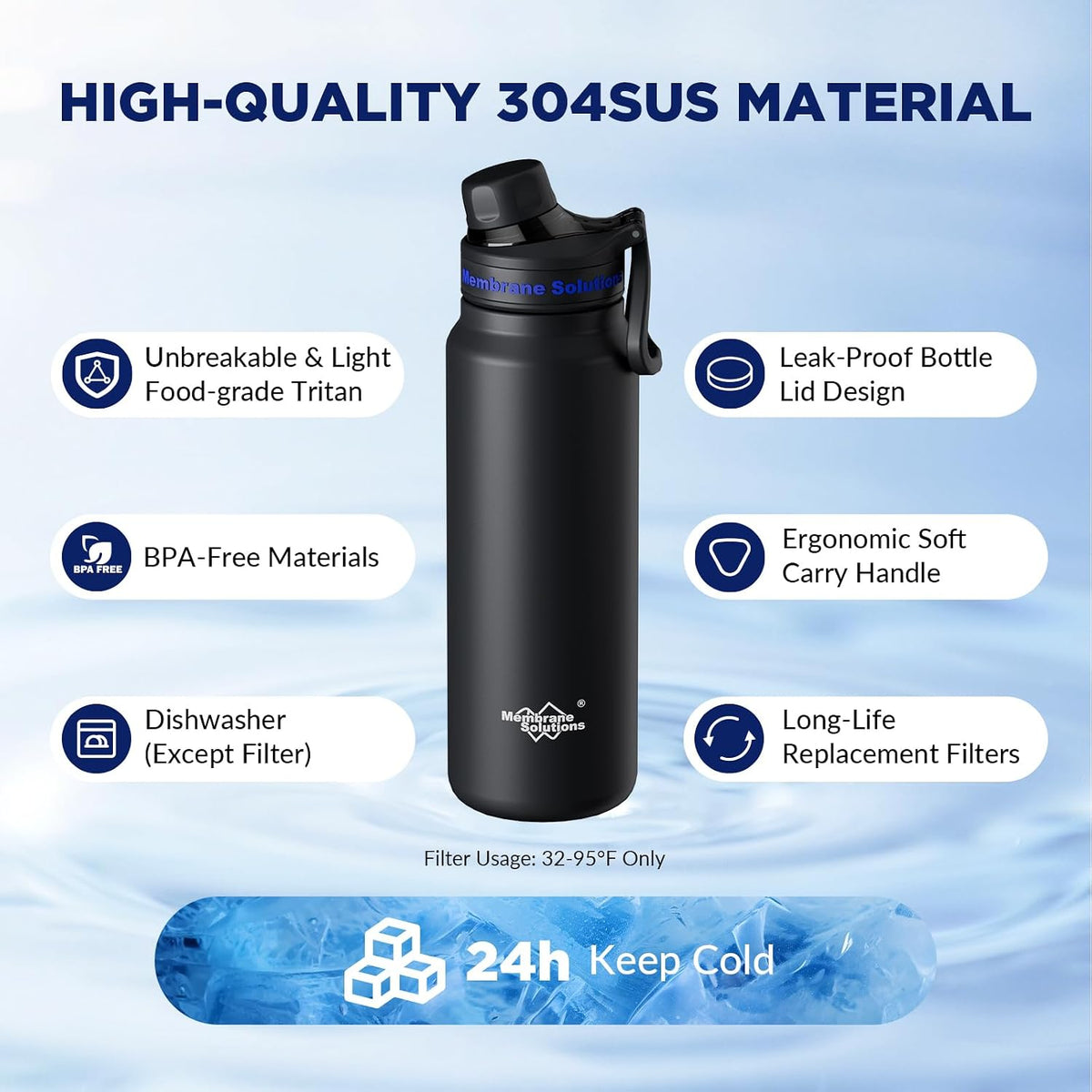 C3 Filtered Water Bottle, 32oz Stainless Steel Water Bottle with Replaceable UF+ACF Filter Cartridge, Portable Water