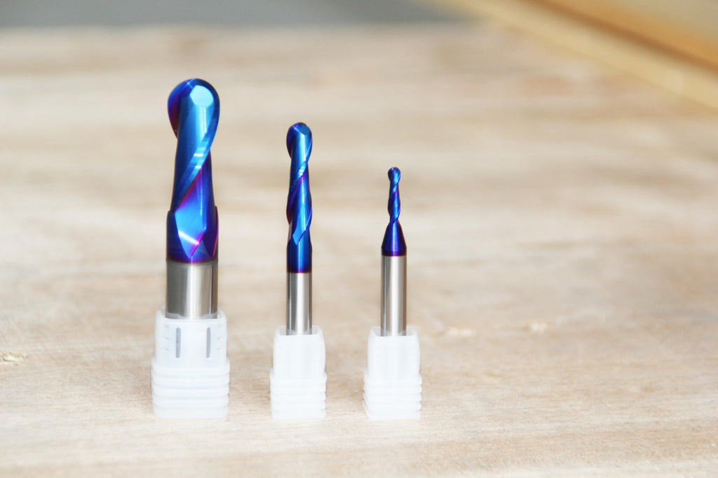 RUHIWORKER 3PCS B3460U Ball Nose End Mill CNC Router Bits 1/2 inch Shank 1/4 inch Shank 2D and 3D Carving Nano Blue Coated Up Cut Lettering Sign Making