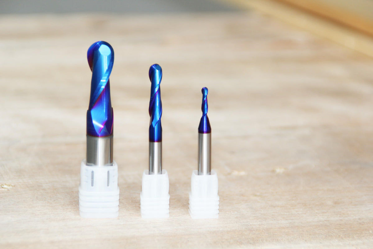 RUHIWORKER 3PCS B3460U Ball Nose End Mill CNC Router Bits 1/2 inch Shank 1/4 inch Shank 2D and 3D Carving Nano Blue Coated Up Cut Lettering Sign Making