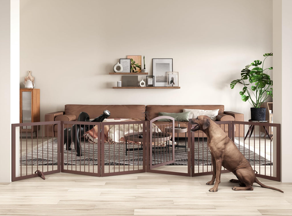 144" x 30" Tall Freestanding Heavy-Duty Steel Folding Pet & Dog Barrier Gate with Walk-Through Swing Door for Wide Indoor Openings, Hallways & Stairs