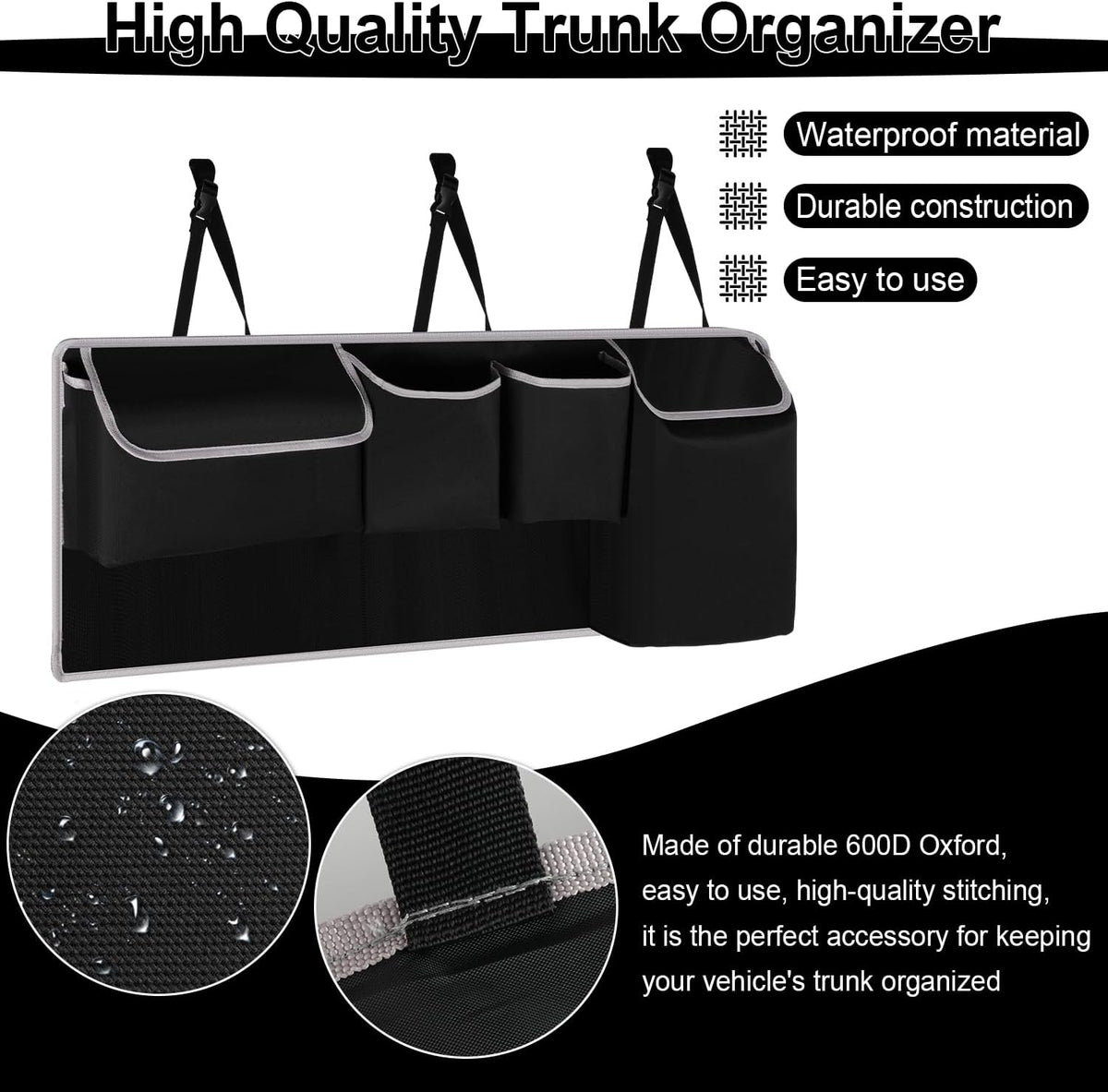 Trunk Hanging Organizer, Backseat Bag, Car Interior Accessories with 4 Pockets & 2 Mesh Pouches for Groceries, Will