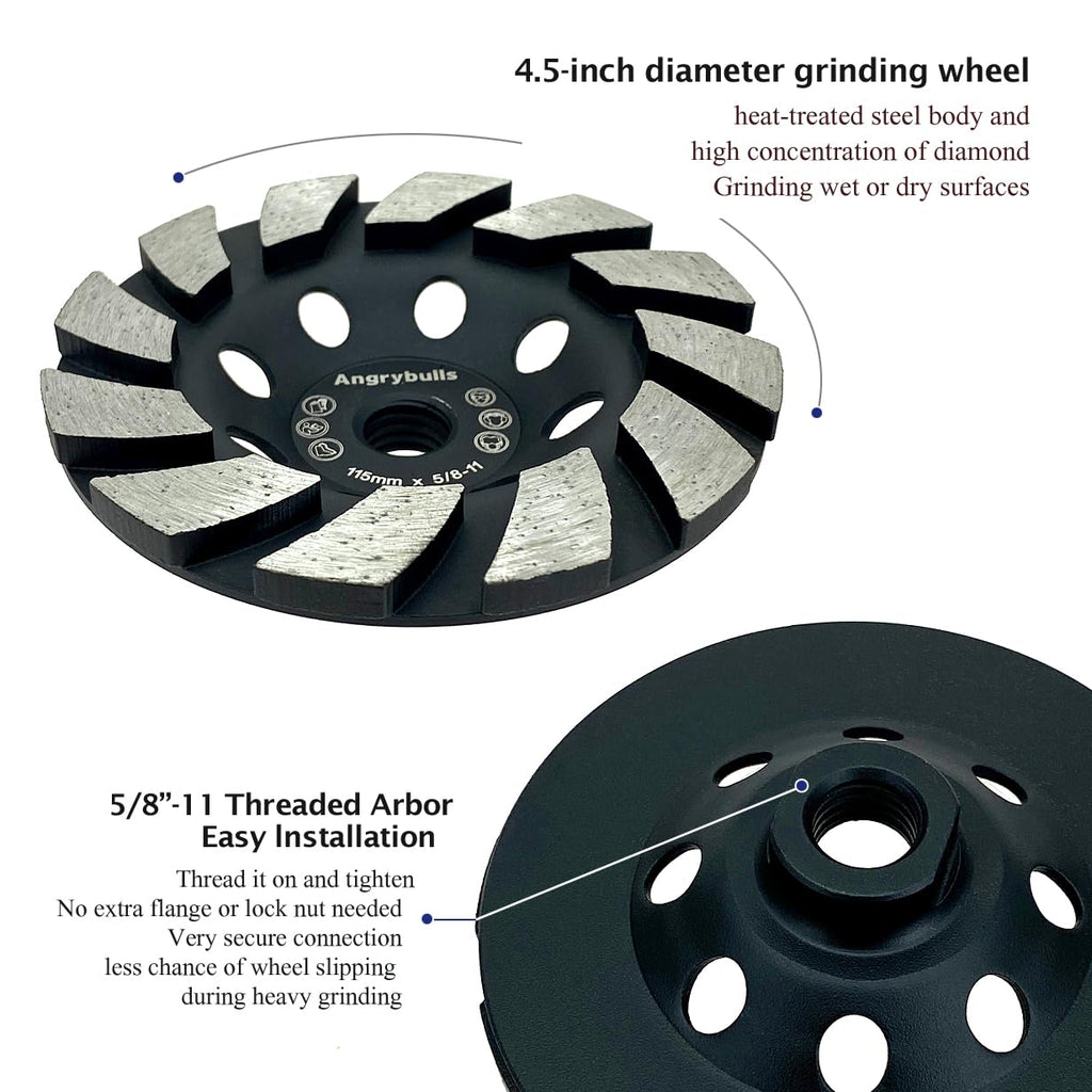 4.5 inch Concrete Grinding Wheel, Diamond Discs for Angle Grinder, 18 Turbo Segments, #30/40 Grit, Medium Bond, 5/8"-11 Short Arbor