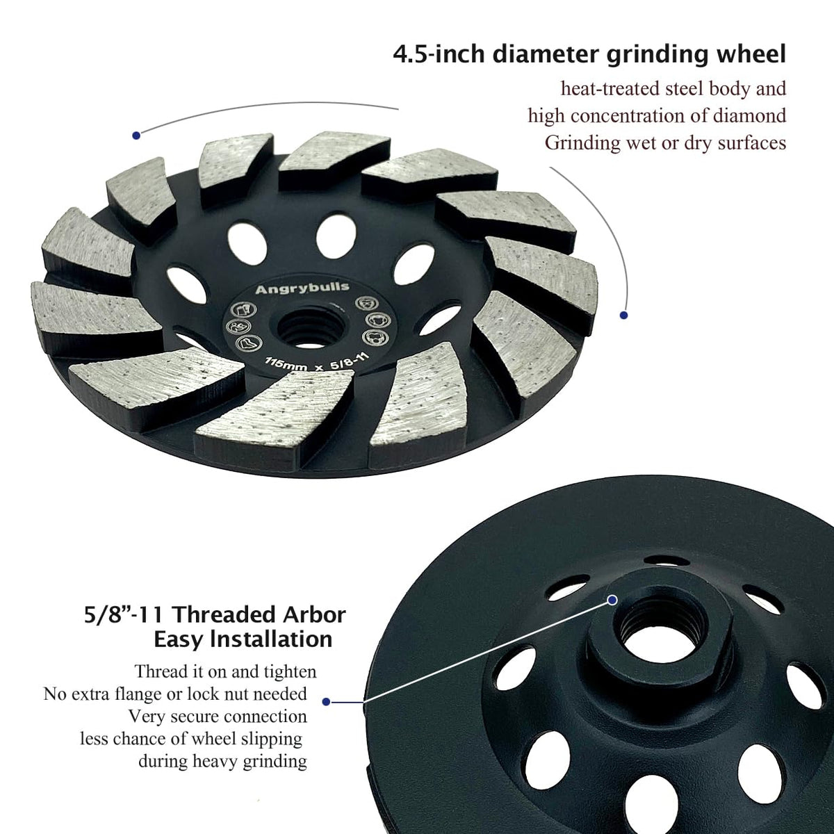 4.5 inch Concrete Grinding Wheel, Diamond Discs for Angle Grinder, 18 Turbo Segments, #30/40 Grit, Medium Bond, 5/8"-11 Short Arbor