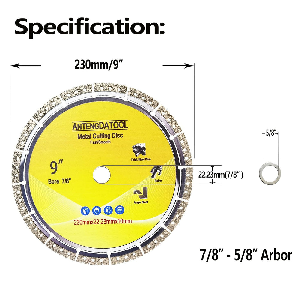 9 Inch Metal Cutting Diamond Blade, 230mm Cut Off Wheel 7/8"-5/8" Arbor for Cast Iron Rebar Carbide Stainless Steel by ANTENGDATOOL