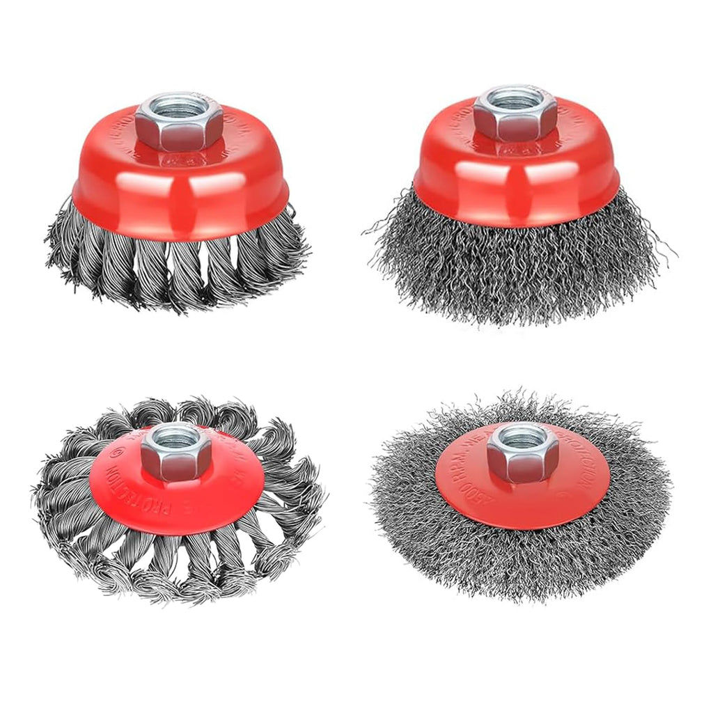 Gaquolam Wire Wheel Brush for 4 1/2 Angle Grinder, 5/8"-11 Thread Arbor,4 & 3 Inch Twist Knotted Coarse Crimped Wire Brushes (4pcs Wire Wheels)