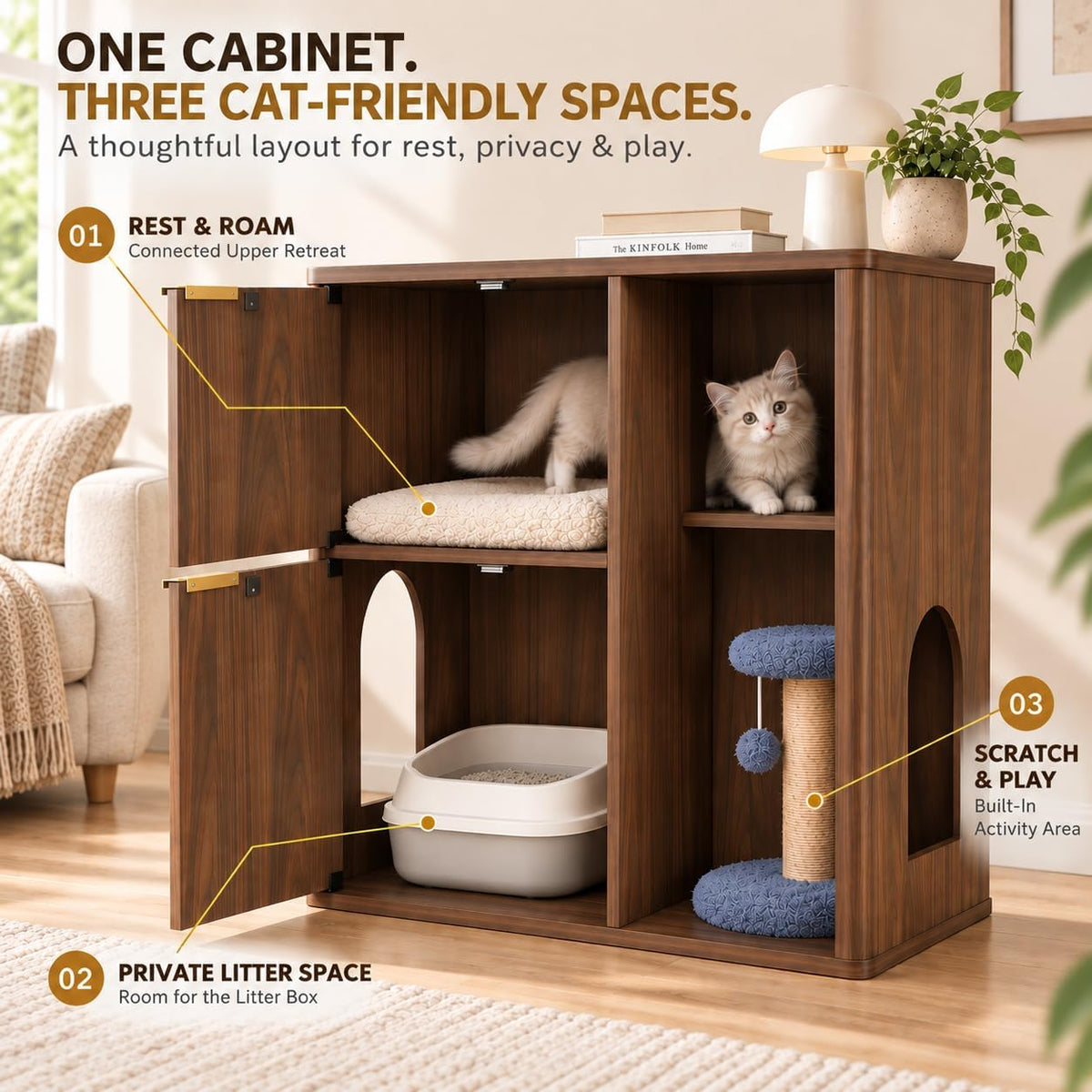 Hidden Cat Litter Box Enclosure with Cat Tree, Dual Entry, Scratching Post