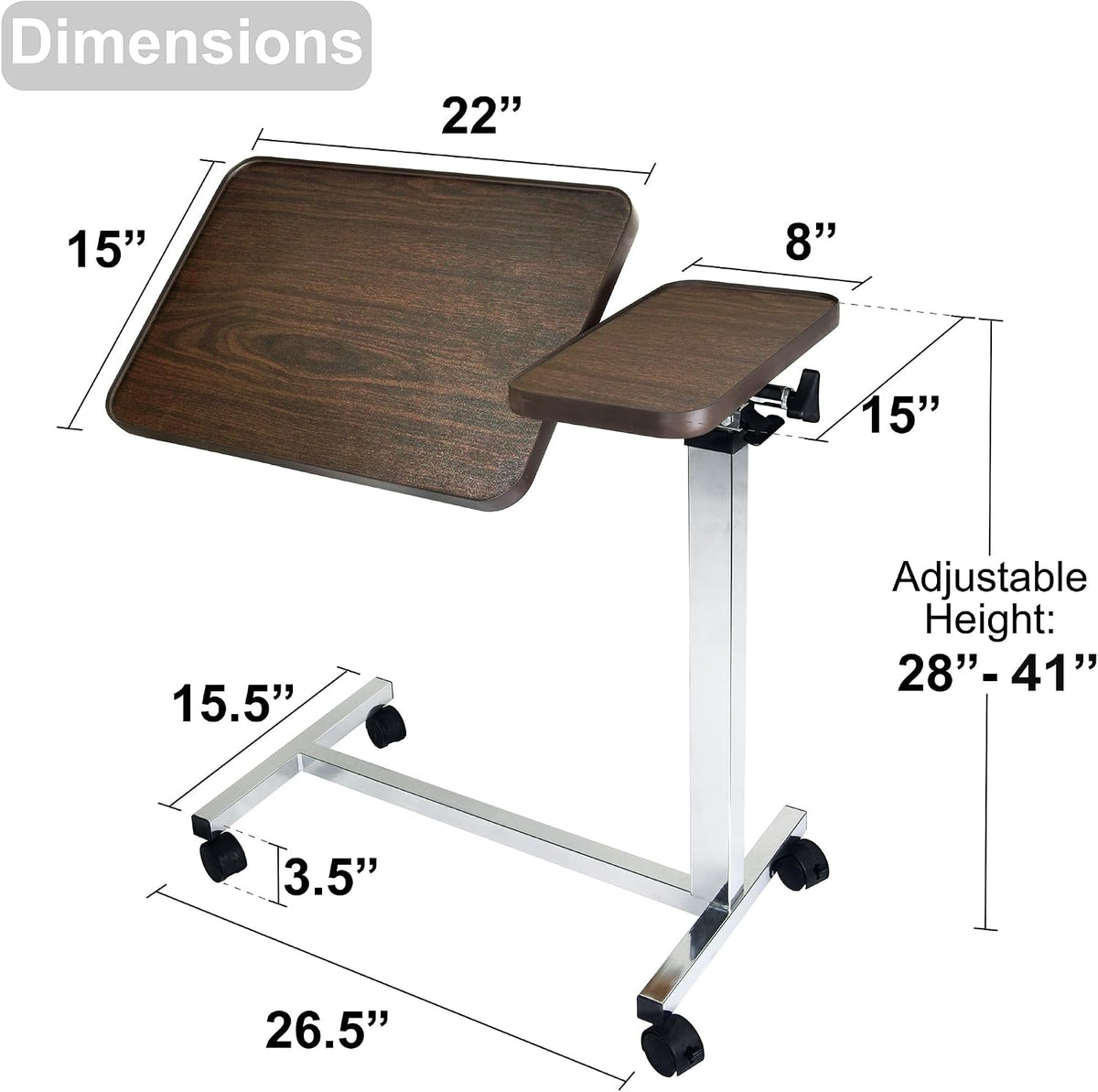 Medical Adjustable Tilt Overbed Bedside Table with Wheels for Hospital and Home Use