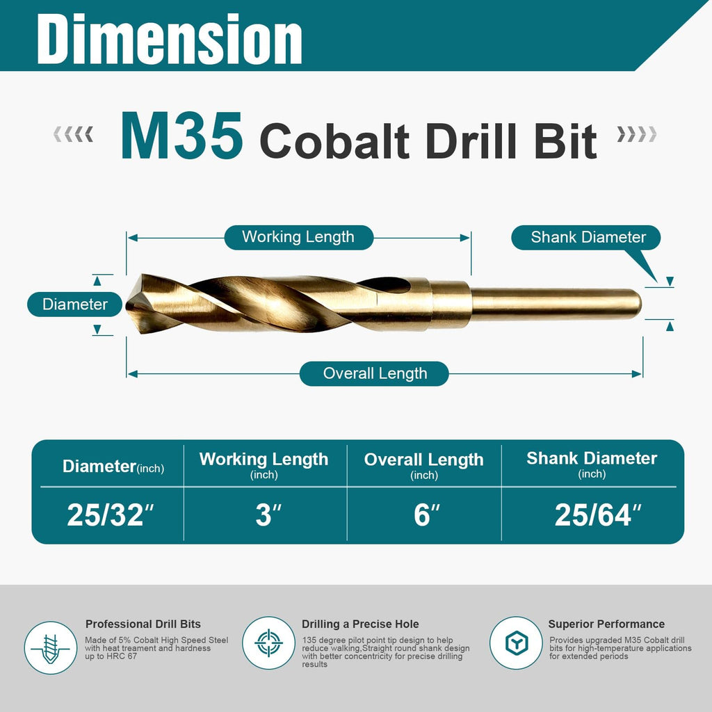 25/32 Inch Cobalt Drill Bit, M35 HSS Twist Drill Bit, 135° Split Point