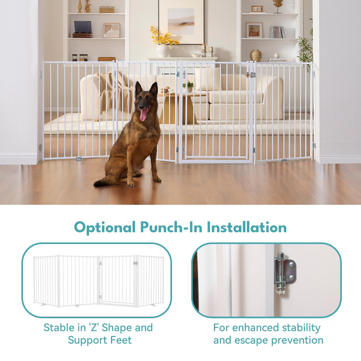 Freestanding Heavy-Duty Steel Folding Pet & Dog Barrier Gate with Walk-Through Swing Door for Wide Indoor Openings, Hallways & Stairs