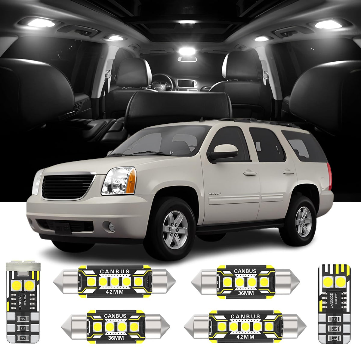 AENVTOL 15 Pieces LED Interior Lights Kit Replacement for GMC Yukon Chevy Tahoe Suburban GMT900 2007-2014 White Interior Bulb Package + License Plate Light, Install Tool