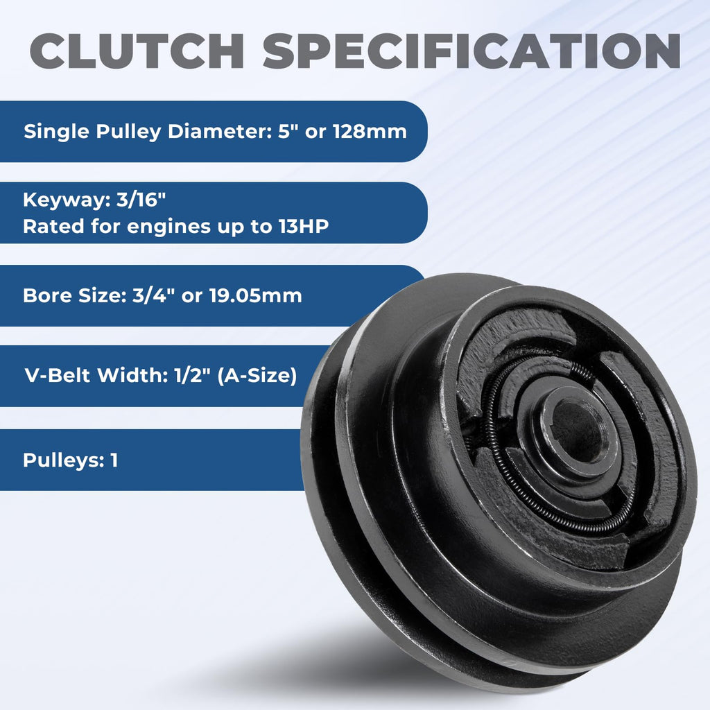 Centrifugal Clutch 5" Single Pulley 1/2" V-Belt 3/4" Bore Compatible with Wacker VP1340 VP1350 VP1750 Plate Compactors, Honda GX160 or GX200 Engine Shafts