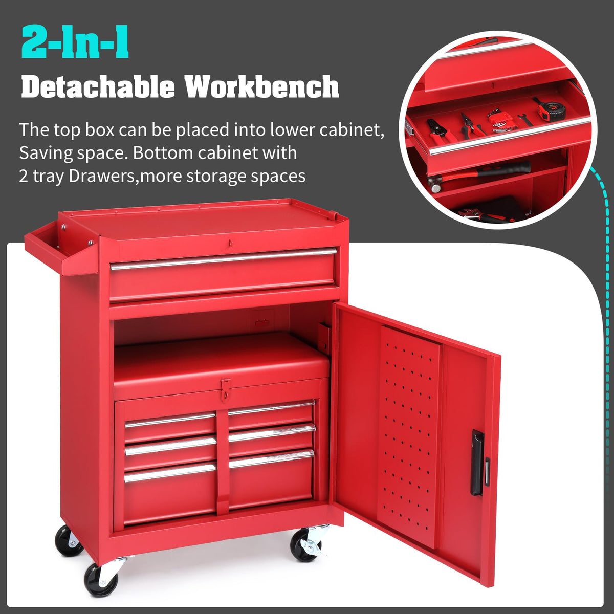 4-Drawer Rolling Tool Chest, 2-in-1 Large Storage Toolbox, Red