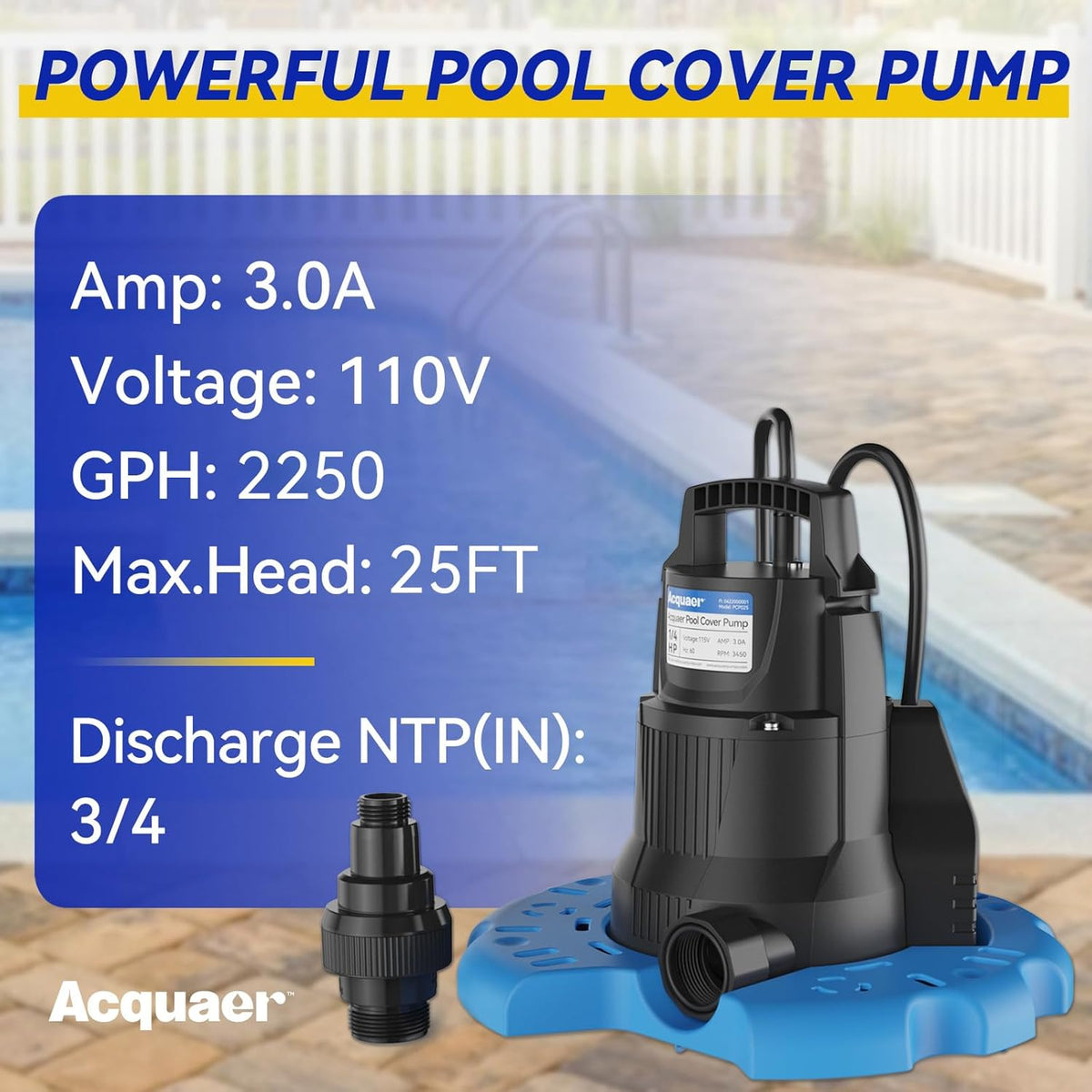 1/4 HP Automatic Swimming Pool Cover Pump, 2250 GPH Submersible Sump Pump with 3/4” Check Valve Adapter & 25ft Power