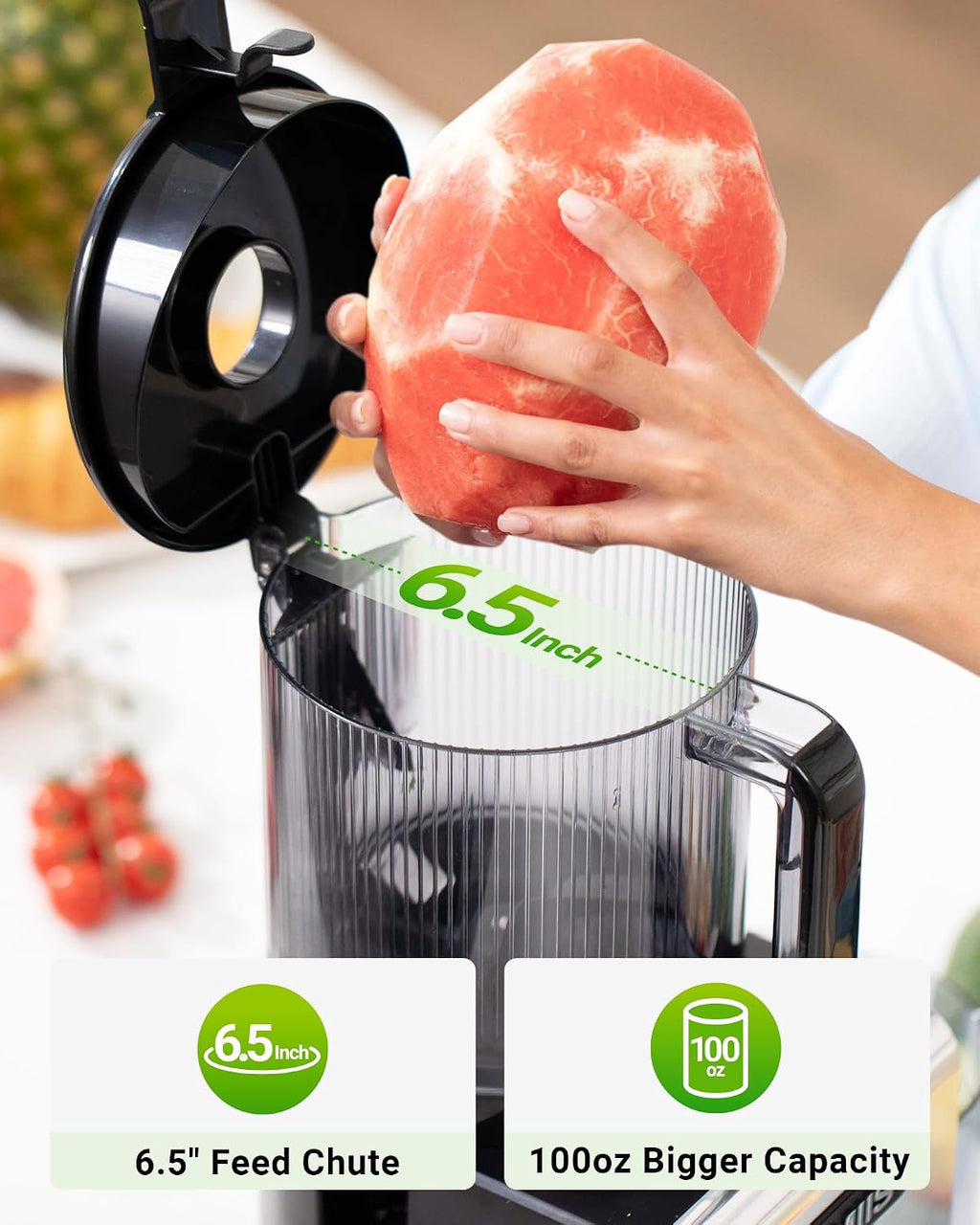 Cold Press Juicer Machine, 6.5" Large Feed Chute Masticating Extractor, Easy to Clean for Whole Fruits & Vegetables