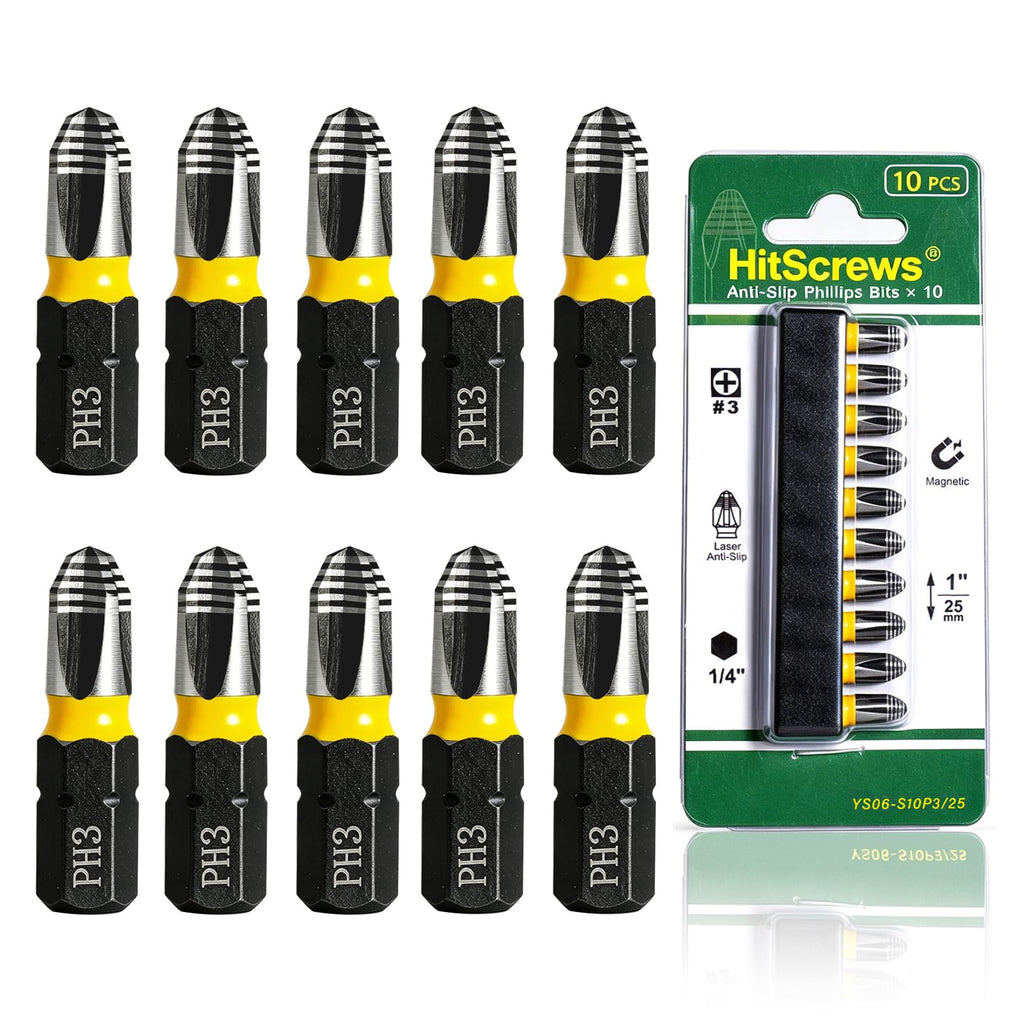 1" Anti Slip Phillips Impact Bit #3,Taiwan S2 Steel Magnetic Screwdriver Bit Set,360° Laser Etched Phillips Head Bits,CNC Precision Tip & Impact Rated for Decking & Structural Framing - 10 Pack