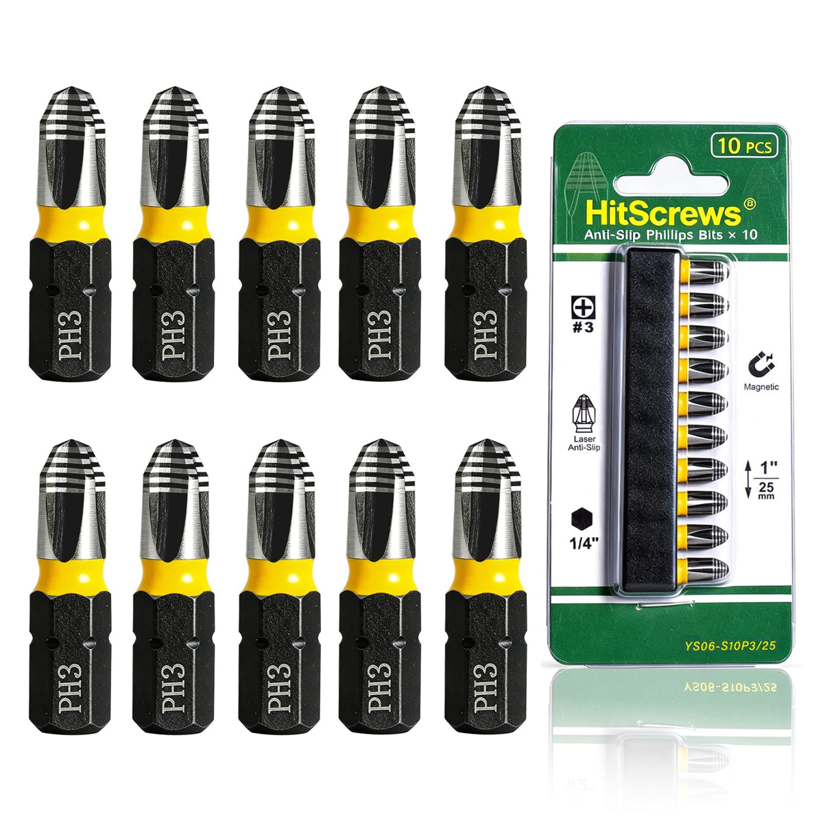 1" Anti Slip Phillips Impact Bit #3,Taiwan S2 Steel Magnetic Screwdriver Bit Set,360° Laser Etched Phillips Head Bits,CNC Precision Tip & Impact Rated for Decking & Structural Framing - 10 Pack