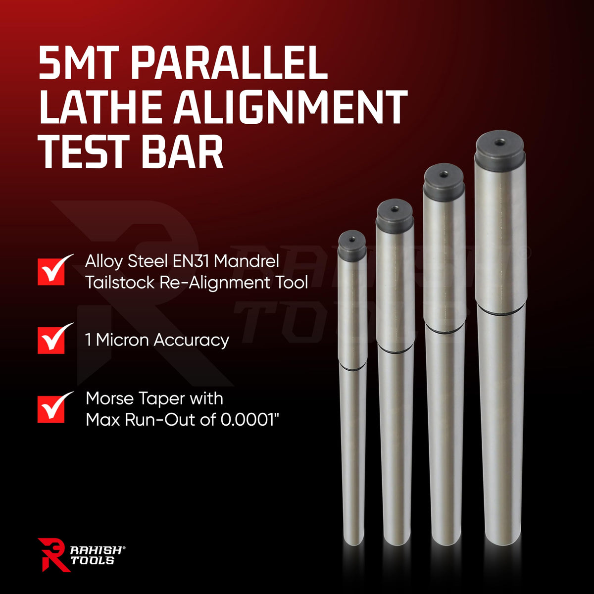 Rahish Tools 4MT Parallel Lathe Alignment Test Bar with High Precision Bar Alloy Steel EN31 Mandrel - Tailstock Re-Alignment Tool with 1 Micron Accuracy & Morse Taper with Max Run-Out of 0.0001"