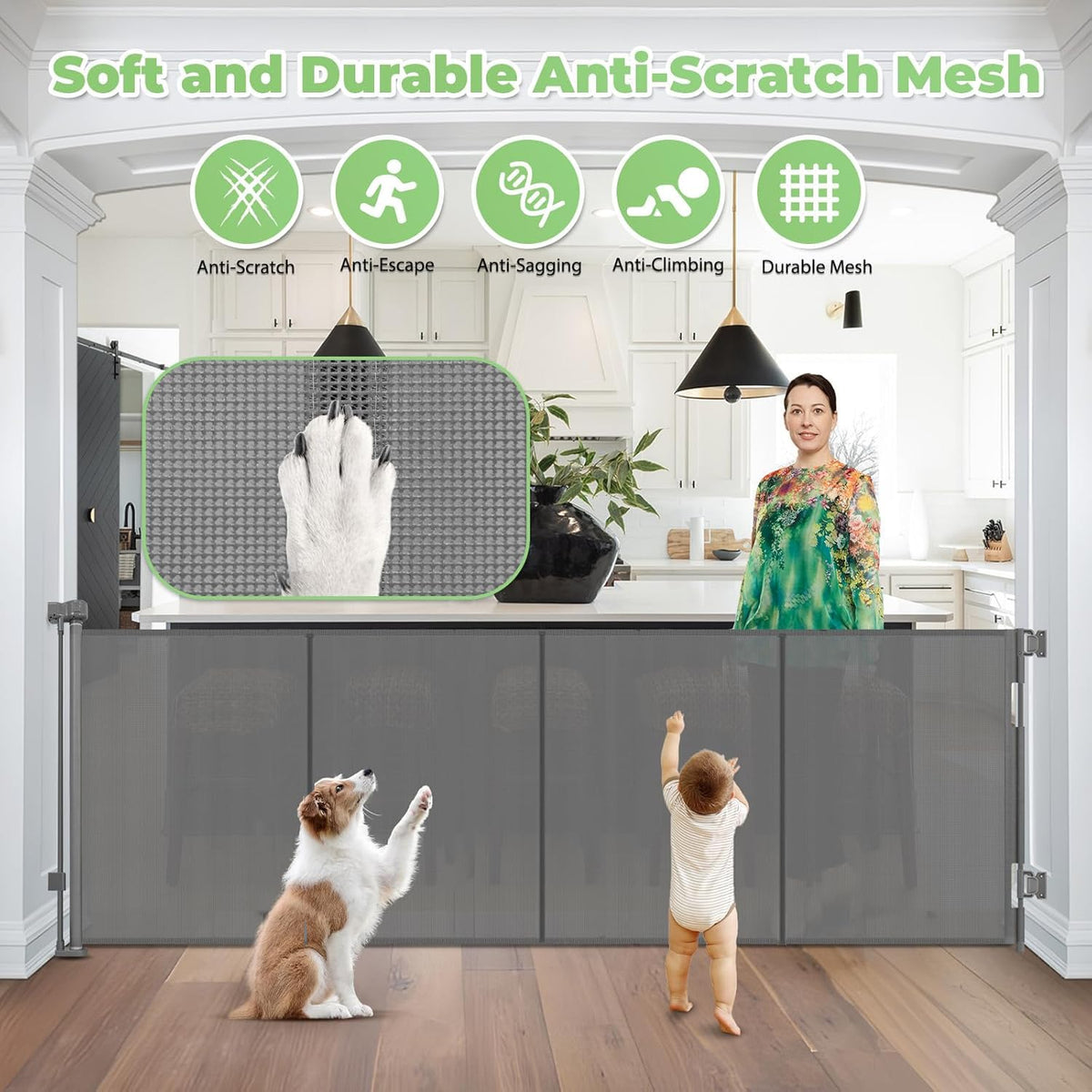 37" Tall x 155" Extra-Wide Retractable Indoor/Outdoor Mesh Pet & Child Safety Gate with One-Hand Safety Lock for Wide Openings, Patios & Stairways