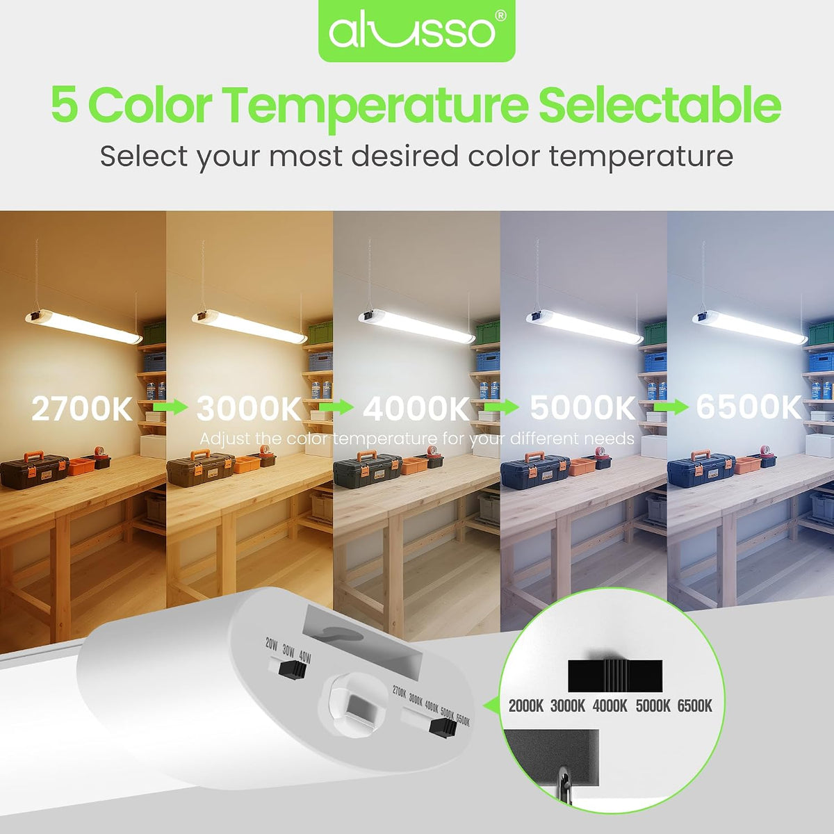 ALUSSO LED Shop Lights 4FT for Garage, 4800LM Adjustable 20W/30W/40W, 5CCT 2700K 3000K 4000K 5000K 6500K, 120V, Warm to Cool Daylight Linkable Shop Lights for Workshop, ETL, 2 Pack