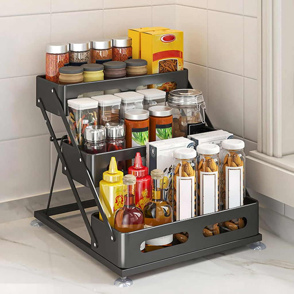 3 Tier Foldable Spice Rack, Black | Iron
