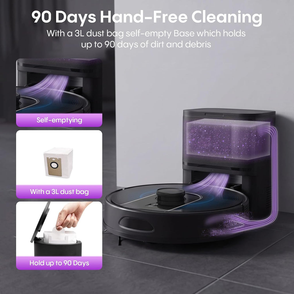 Robot Vacuum and Mop Combo, 6000Pa Robotic Vacuum with Mapping, Self-Emptying Station for 90 Days Hands-Free, LiDAR