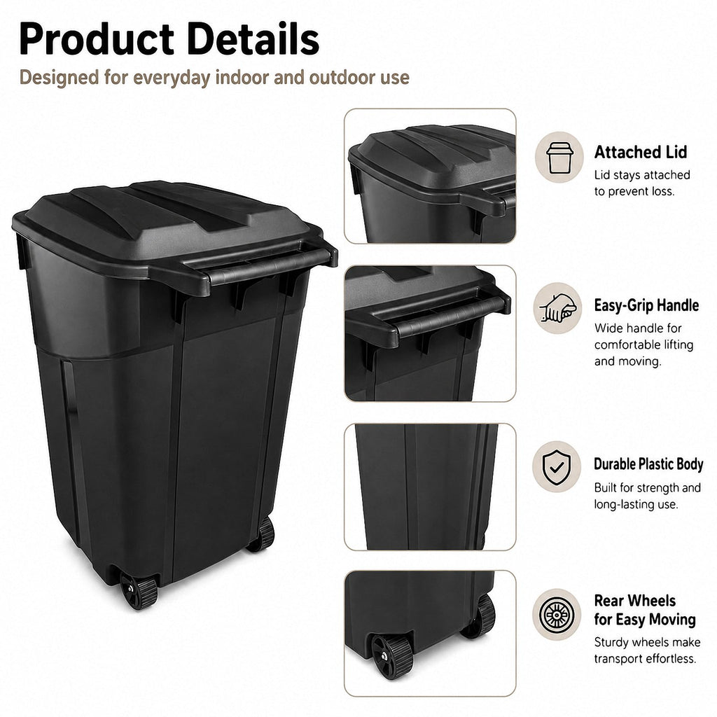 45 Gallon Outdoor Trash Can with Lid, Heavy-Duty Wheeled Garbage Bin