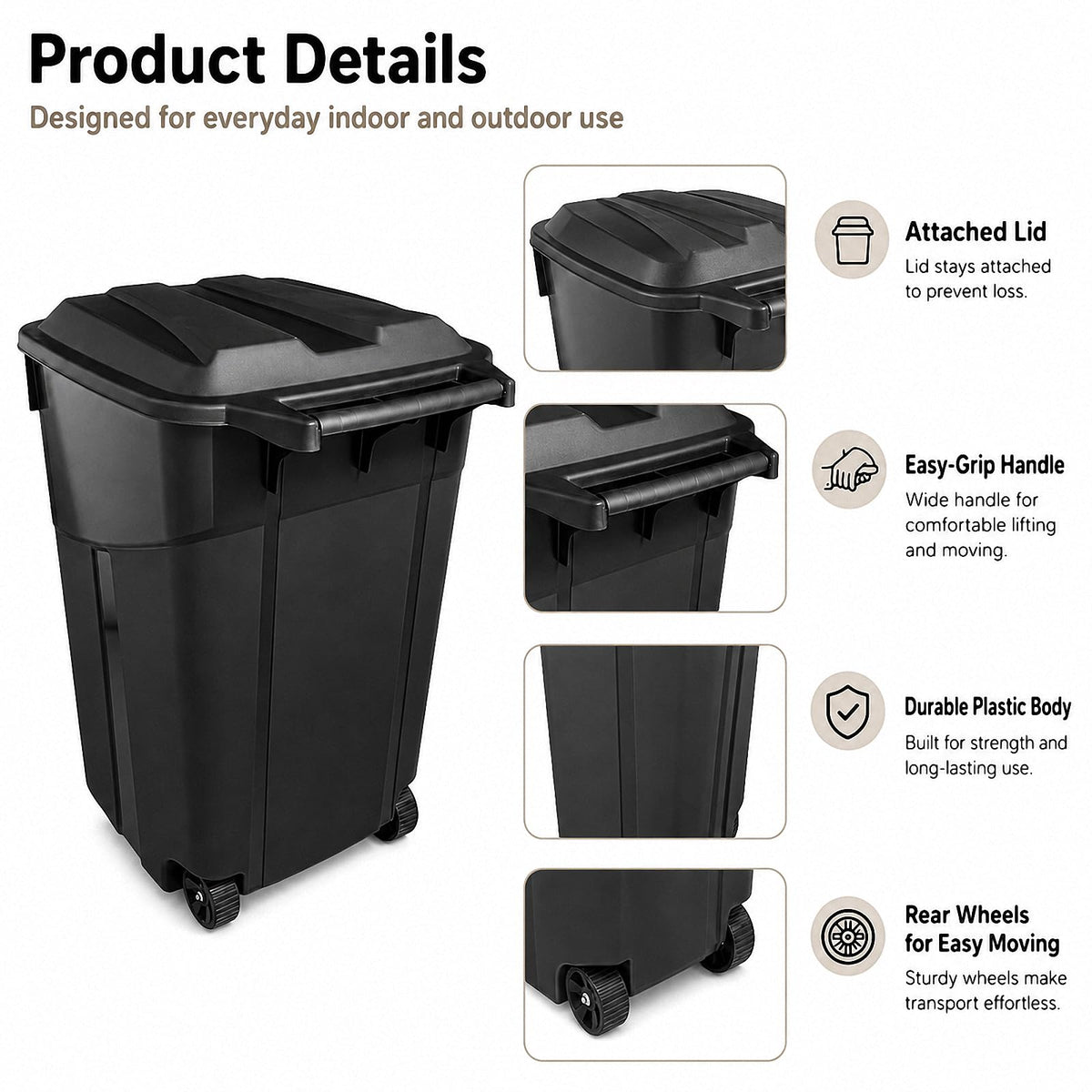 45 Gallon Outdoor Trash Can with Lid, Heavy-Duty Wheeled Garbage Bin