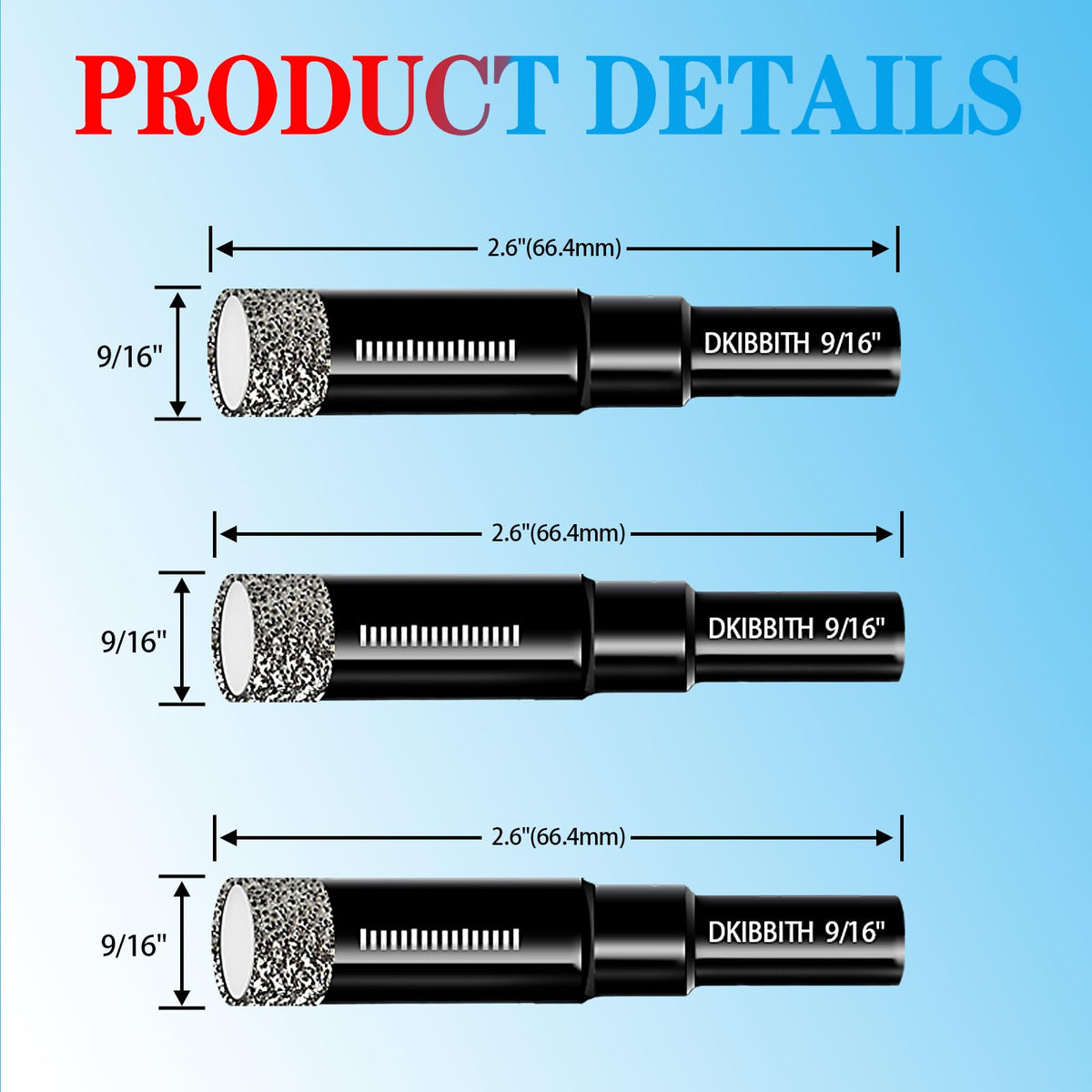 3pc 9/16” Diamond Core Drill Bits Set, 14mm Tile Drill Bits for Ceramic, Porcelain, Marble, Granite, Stone, Glass w/Integrated Coolant for Dry Drilling, Round Shank & Storage Case, Precision Cutting