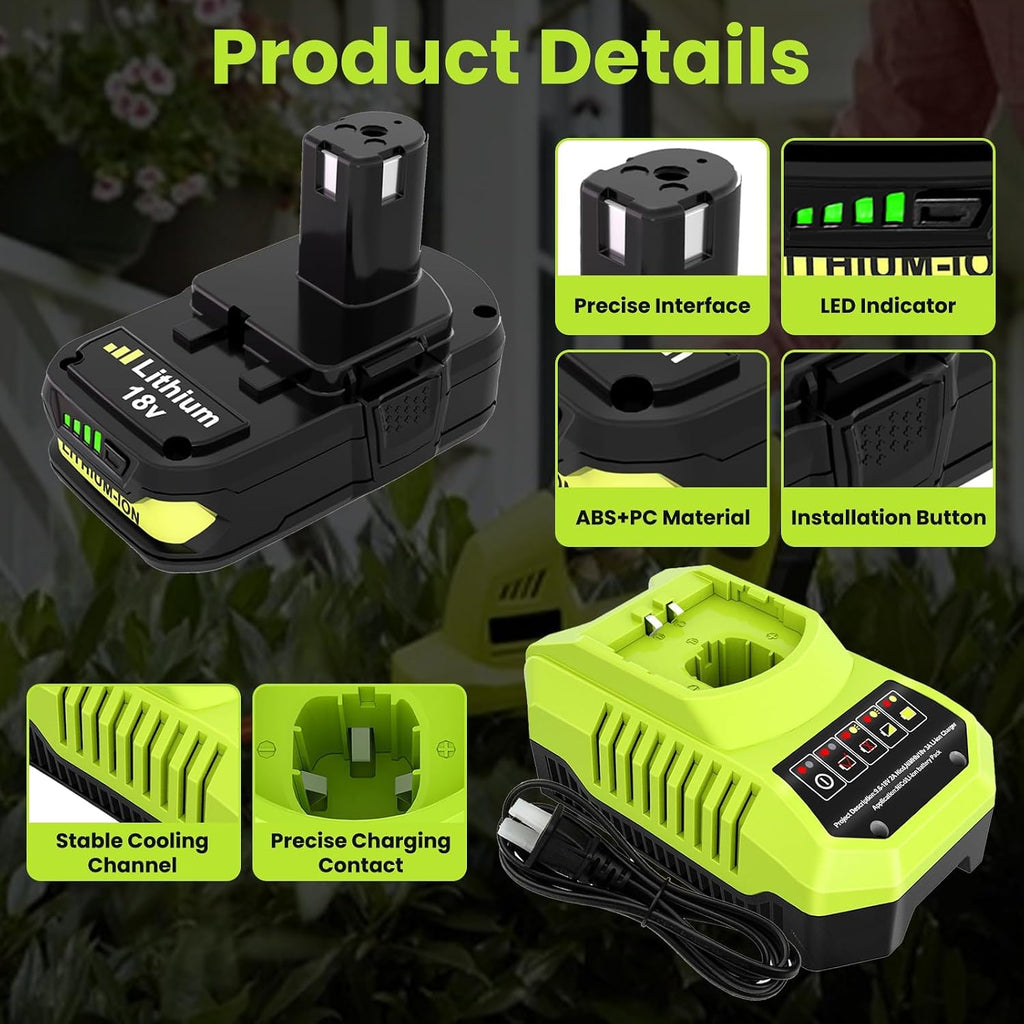 Reoben 2PACK 3.6Ah Replacement for Ryobi 18V Battery and P117 Charger Combo