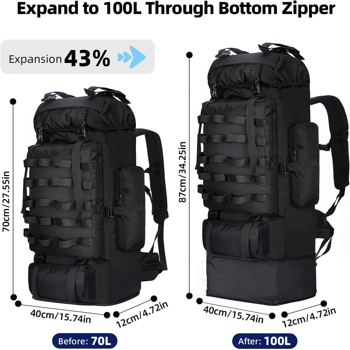 70L/100L Camping Hiking Backpack with Rain Cover, Expandable Large Military Tactical Backpack, Waterproof Molle
